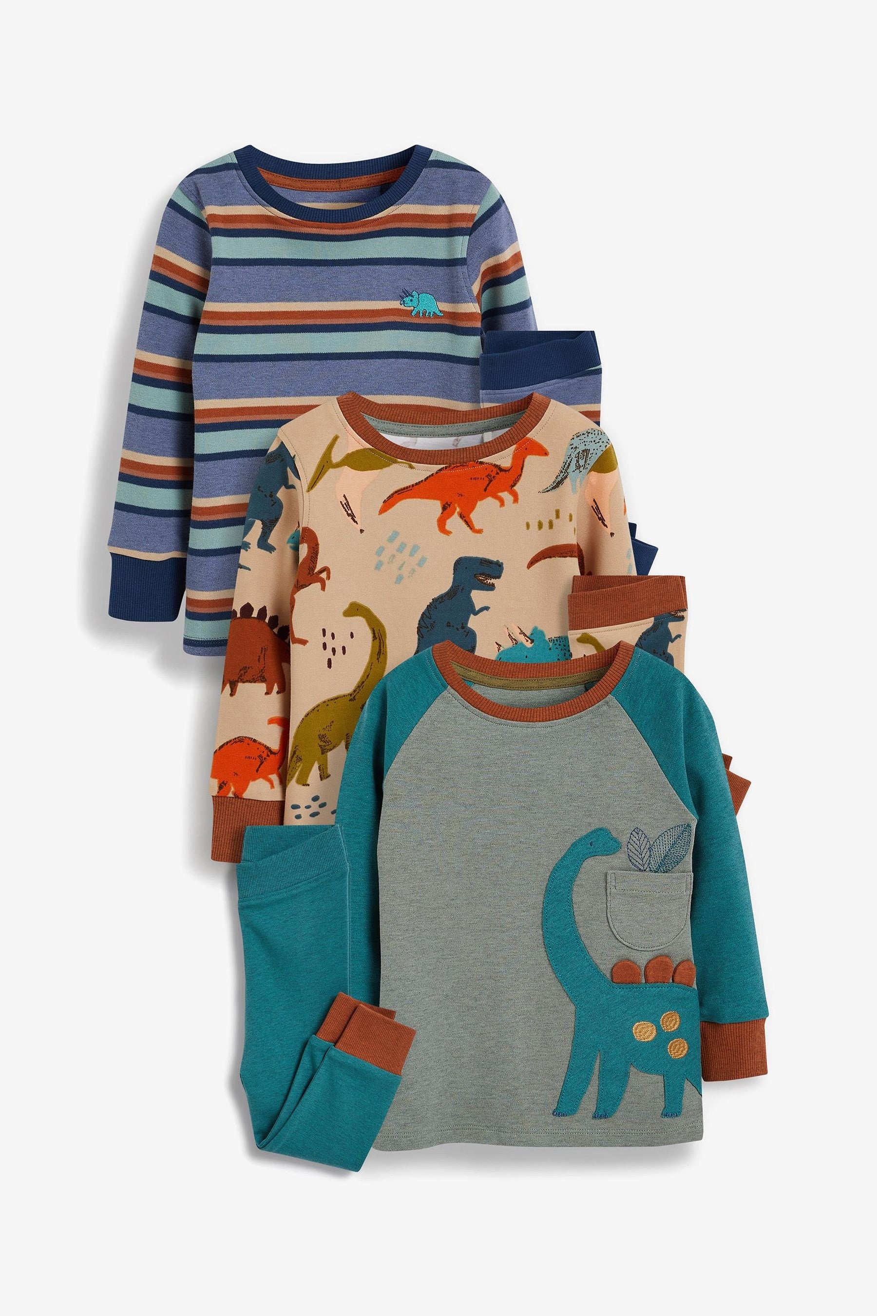 Teal/Blue Dino 3 Pack Snuggle Pyjamas (9mths-12yrs)