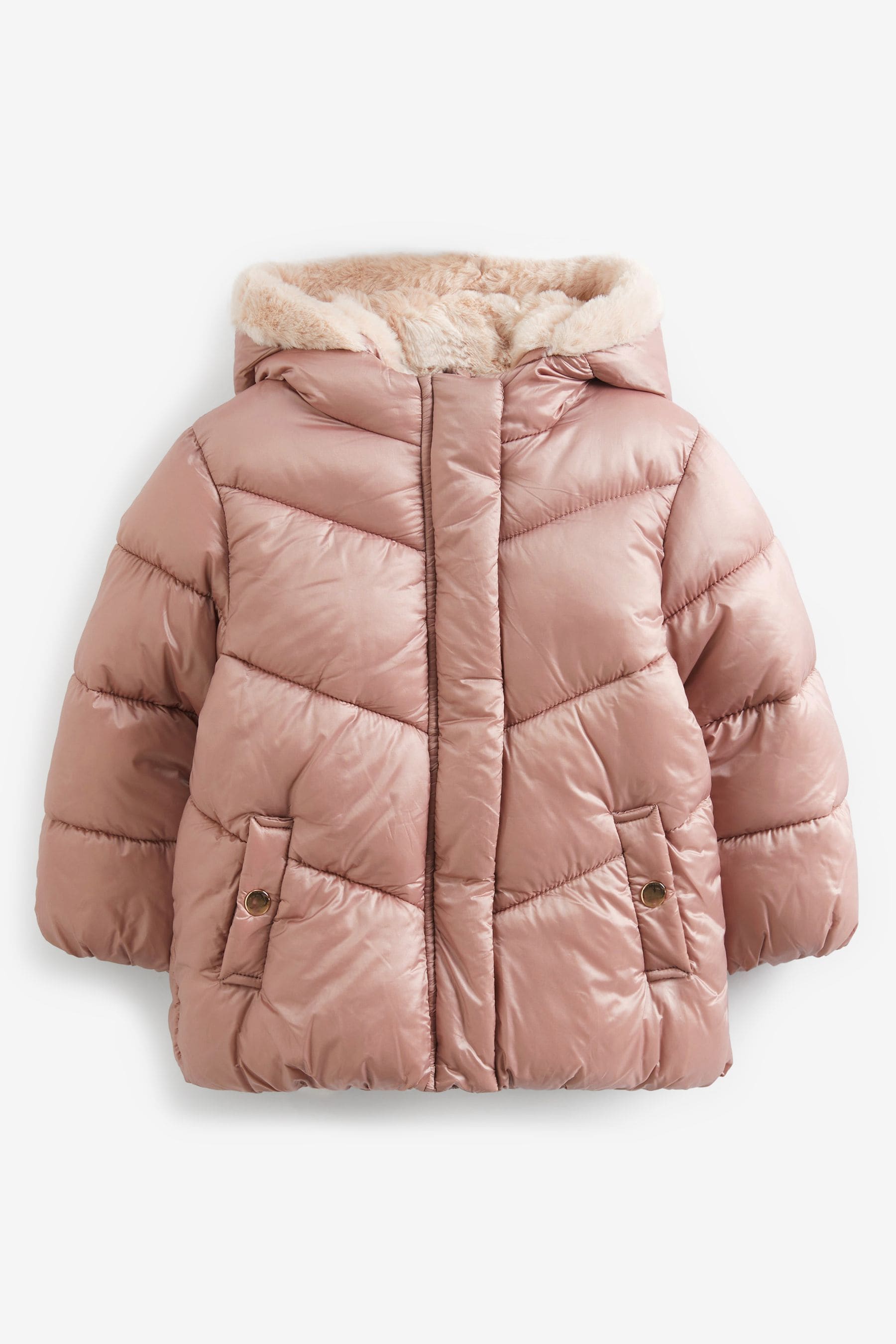 Pink Metallic Faux Fur Hood Padded Coat (3mths-7yrs)