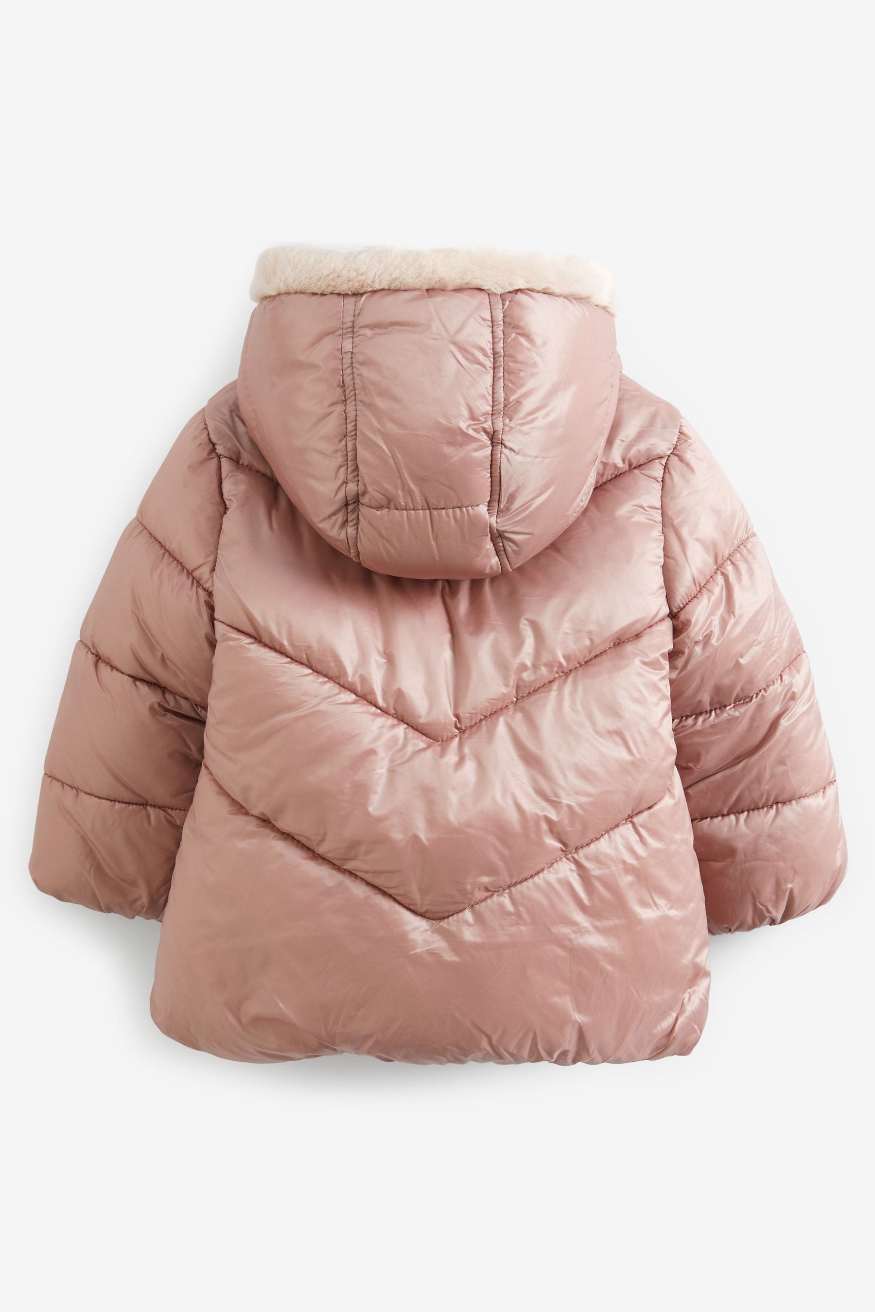 Pink Metallic Faux Fur Hood Padded Coat (3mths-7yrs)