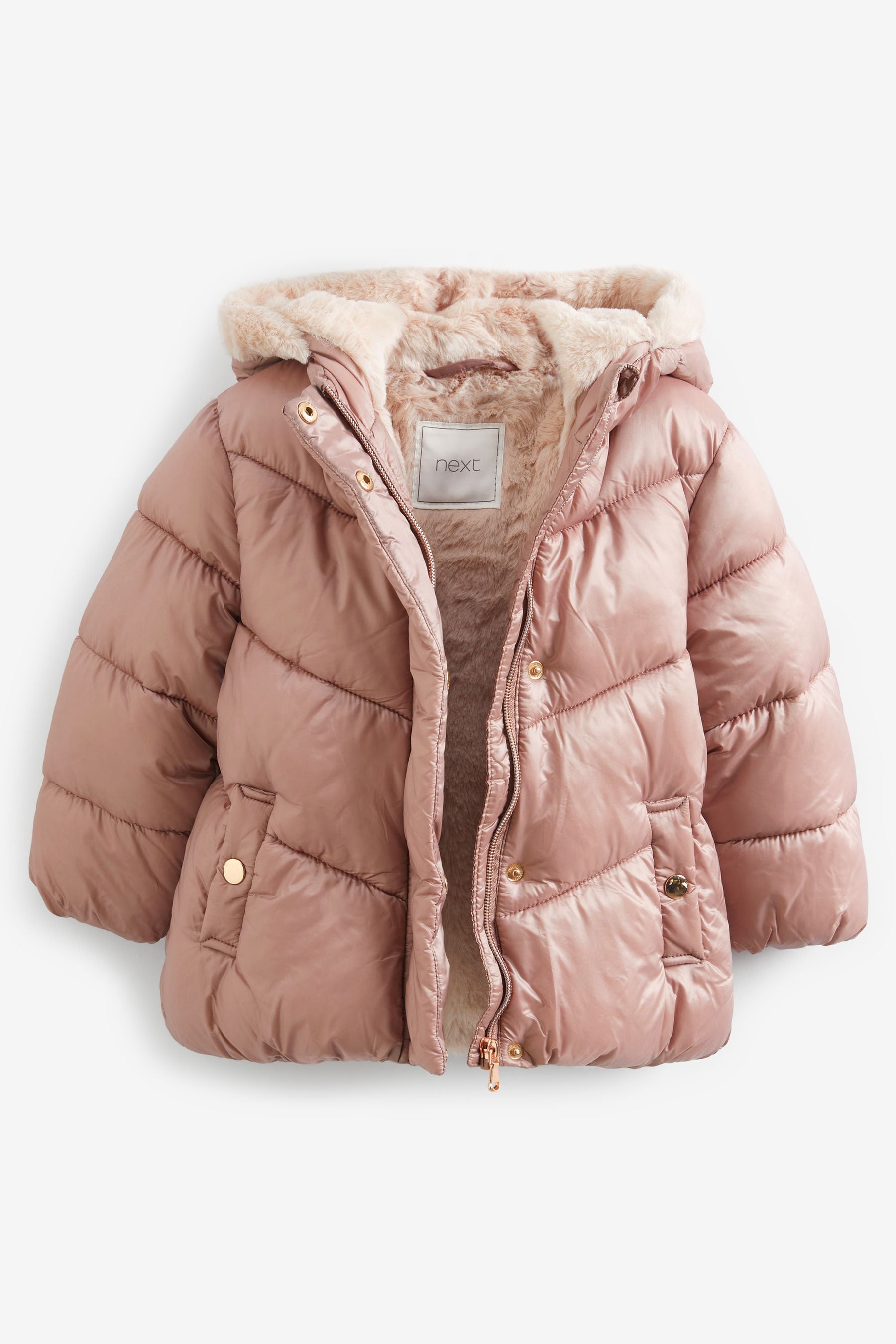 Pink Metallic Faux Fur Hood Padded Coat (3mths-7yrs)