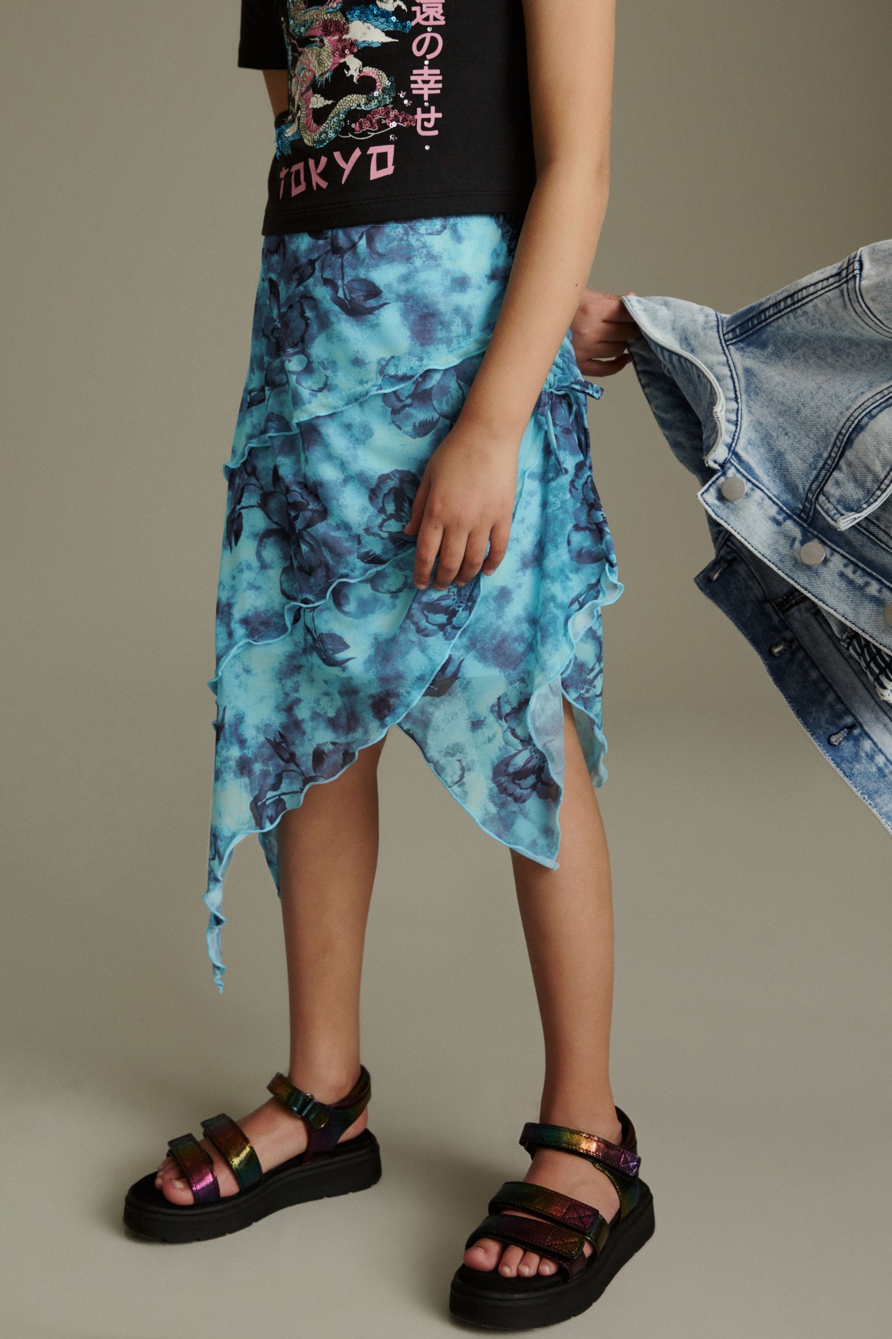 Multi Blue Floral Printed Asymmetric Skirt (3-16yrs)