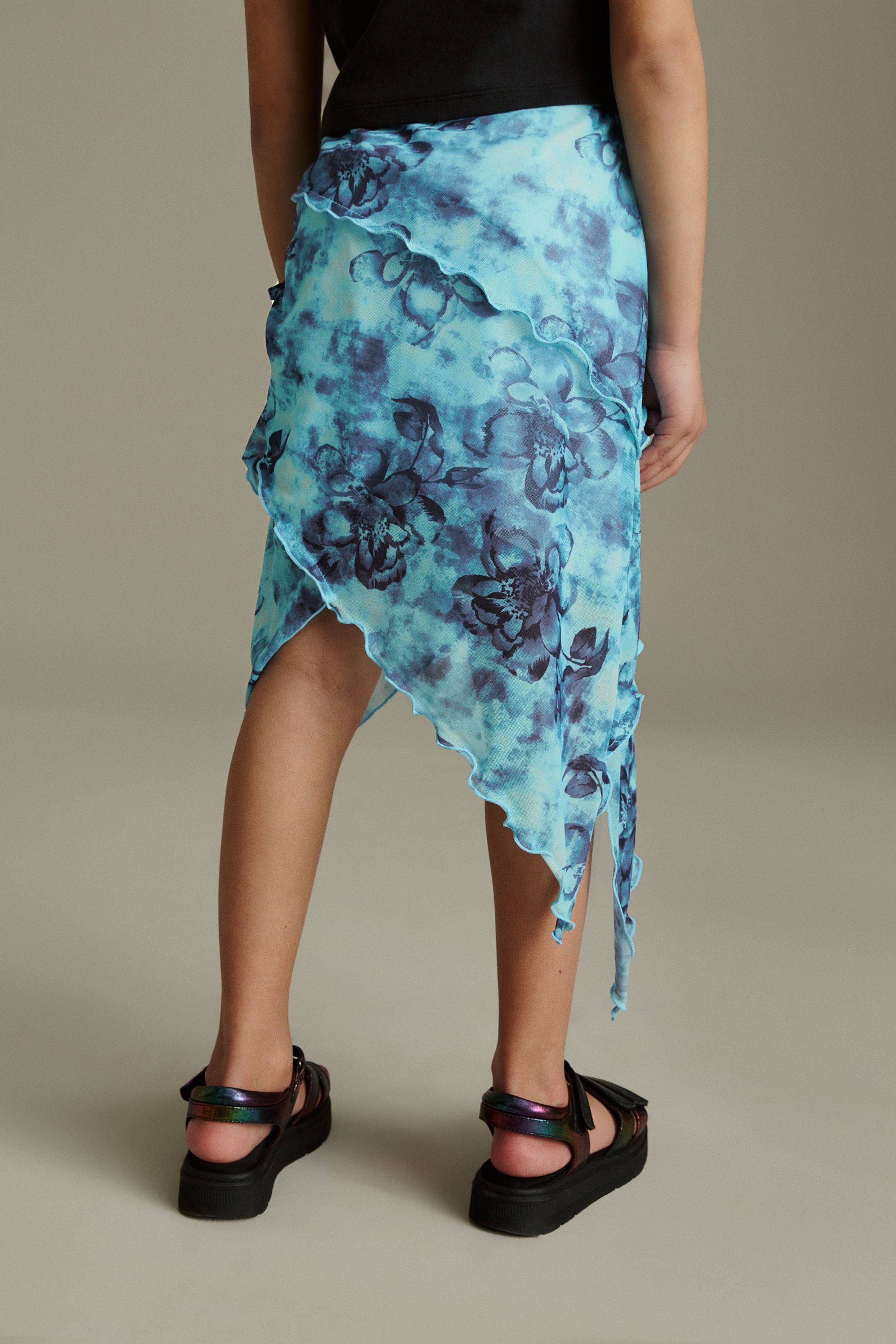 Multi Blue Floral Printed Asymmetric Skirt (3-16yrs)