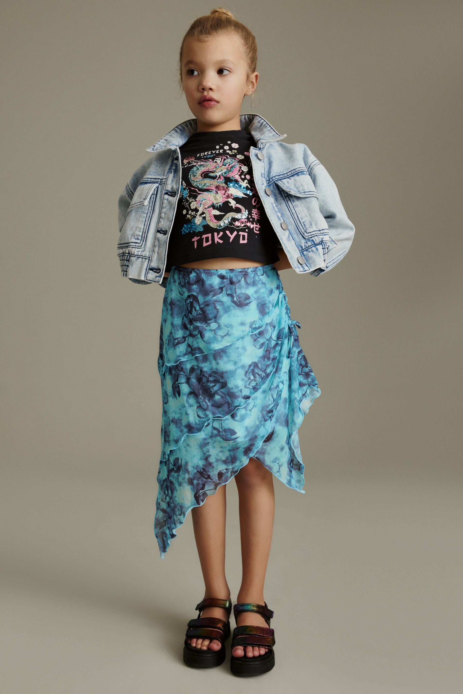 Multi Blue Floral Printed Asymmetric Skirt (3-16yrs)