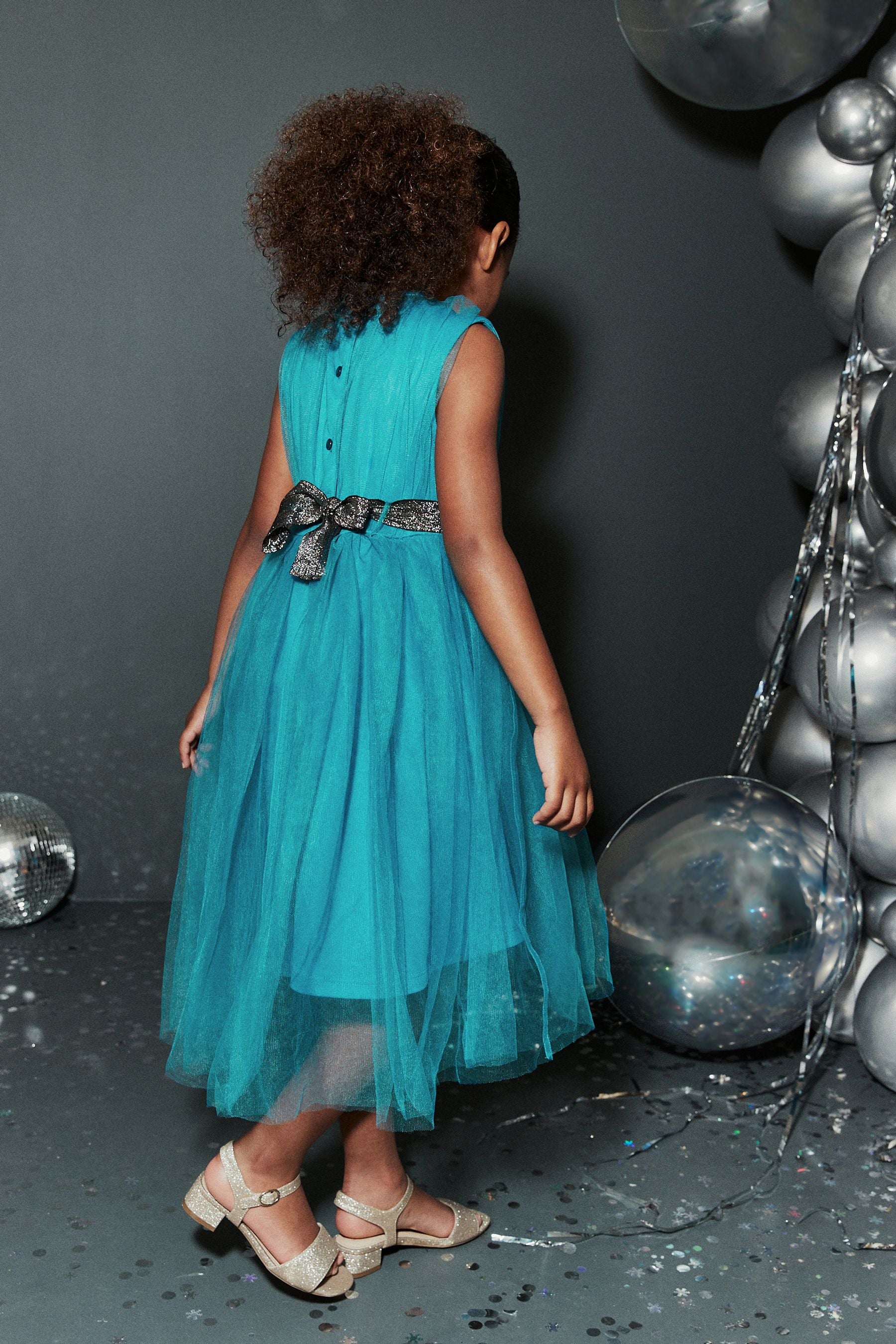 Teal Green Mesh Tie Back Party Dress (3-16yrs)