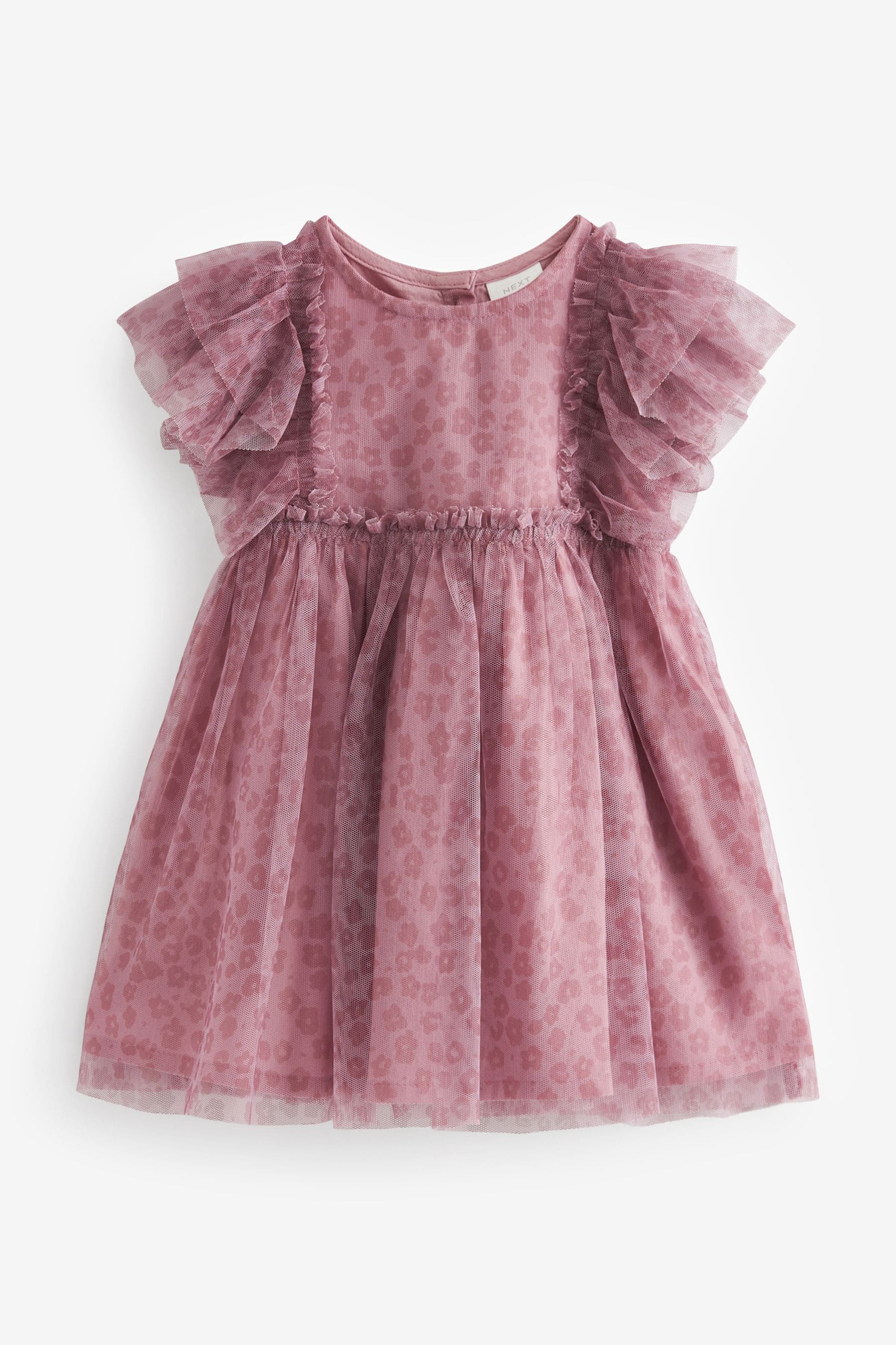 Dark Pink Frill Sleeve Mesh Party Dress