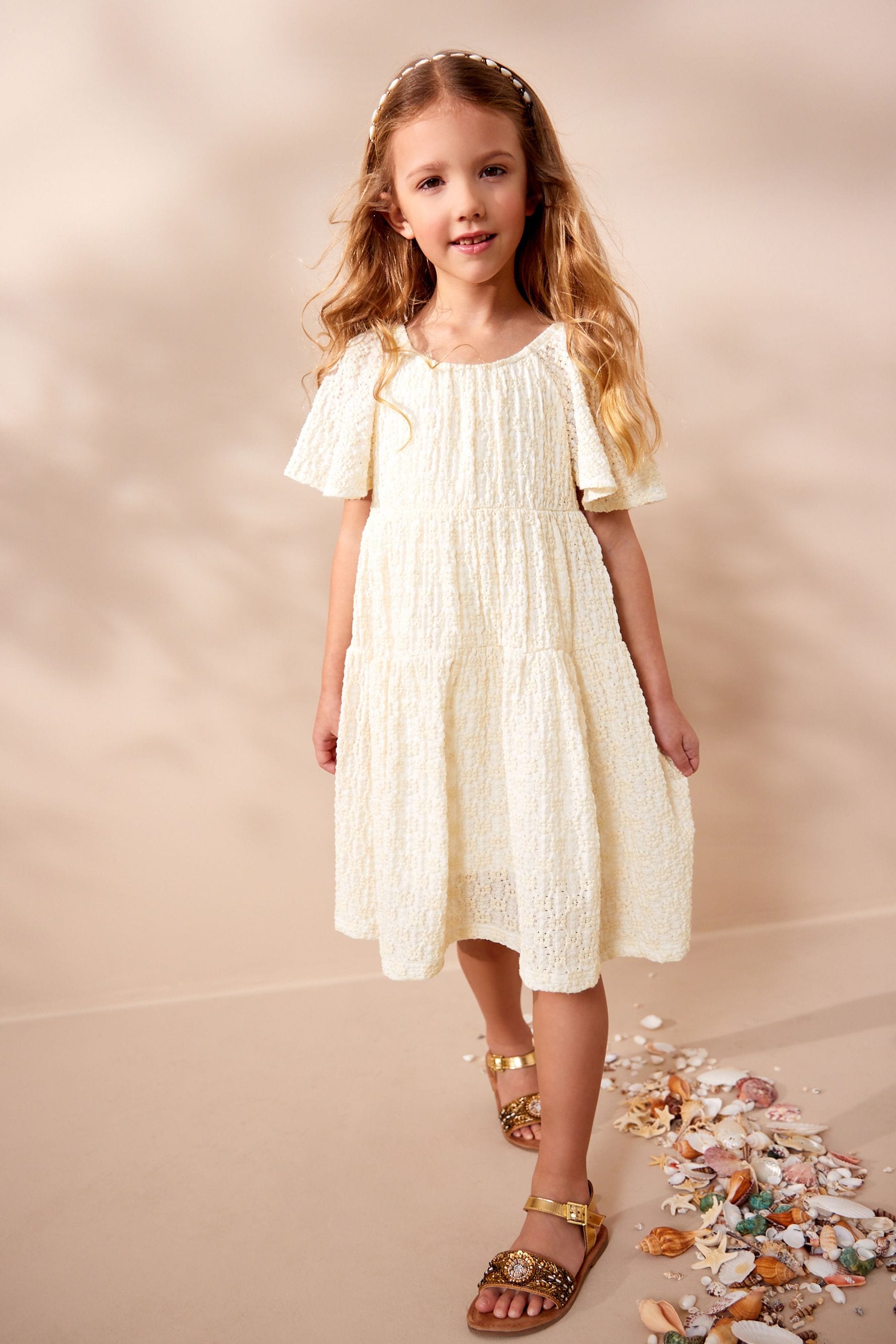 Ecru White Jersey Textured Angel Sleeve Dress (3-16yrs)