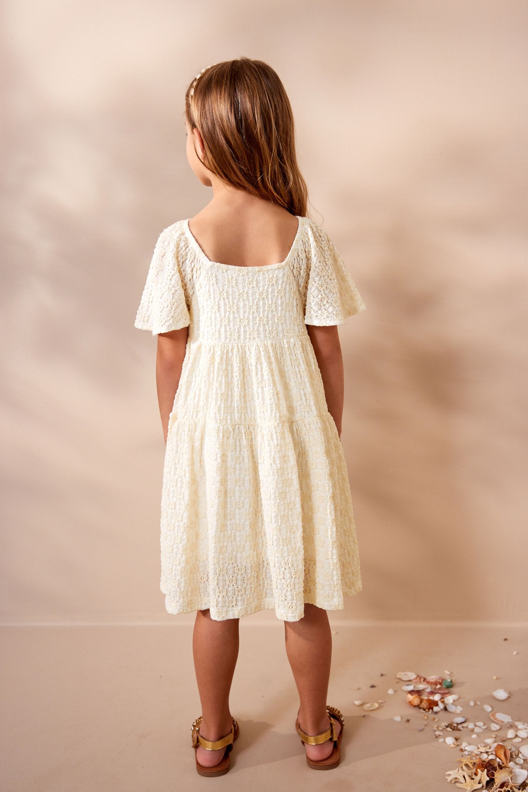 Ecru White Jersey Textured Angel Sleeve Dress (3-16yrs)