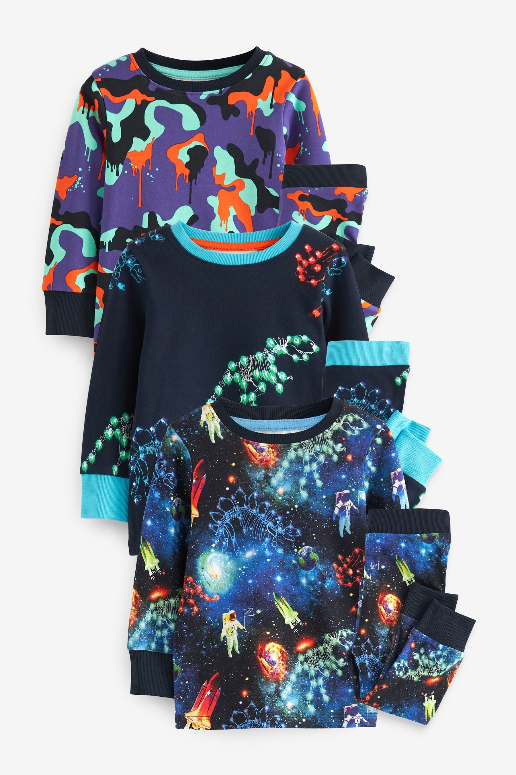 Navy Blue/Purple Space Dinosaur Long Sleeve 3 Pack Pyjamas Set (9mths-8yrs)