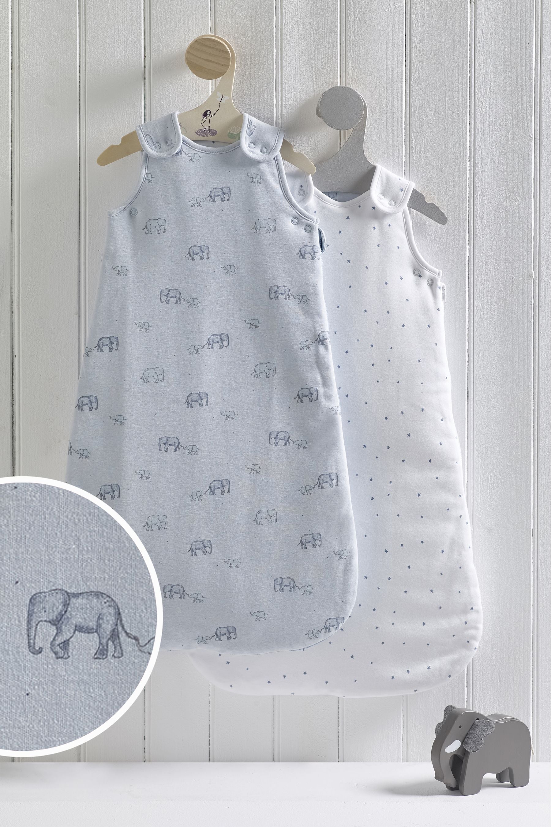 2 Pack Blue Baby Elephant & Stars 100% Cotton 2.5 Tog Sleep Bags