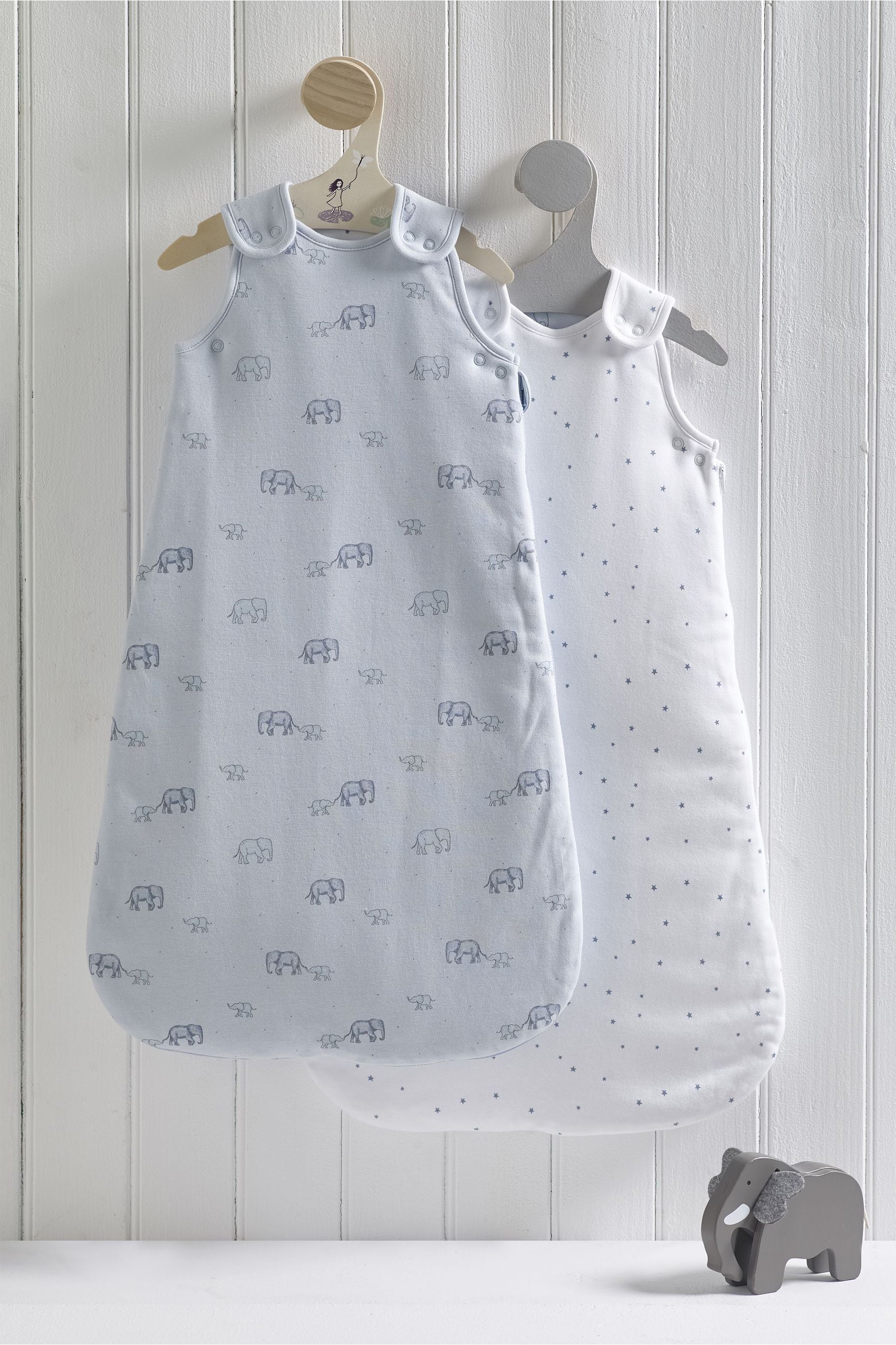 2 Pack Blue Baby Elephant & Stars 100% Cotton 2.5 Tog Sleep Bags