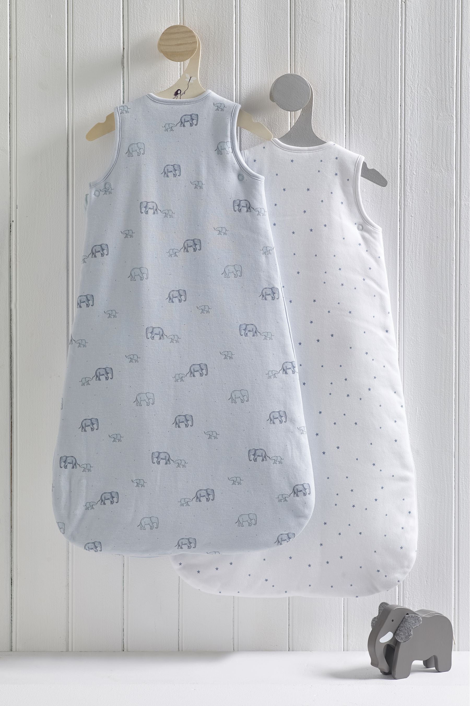 2 Pack Blue Baby Elephant & Stars 100% Cotton 2.5 Tog Sleep Bags