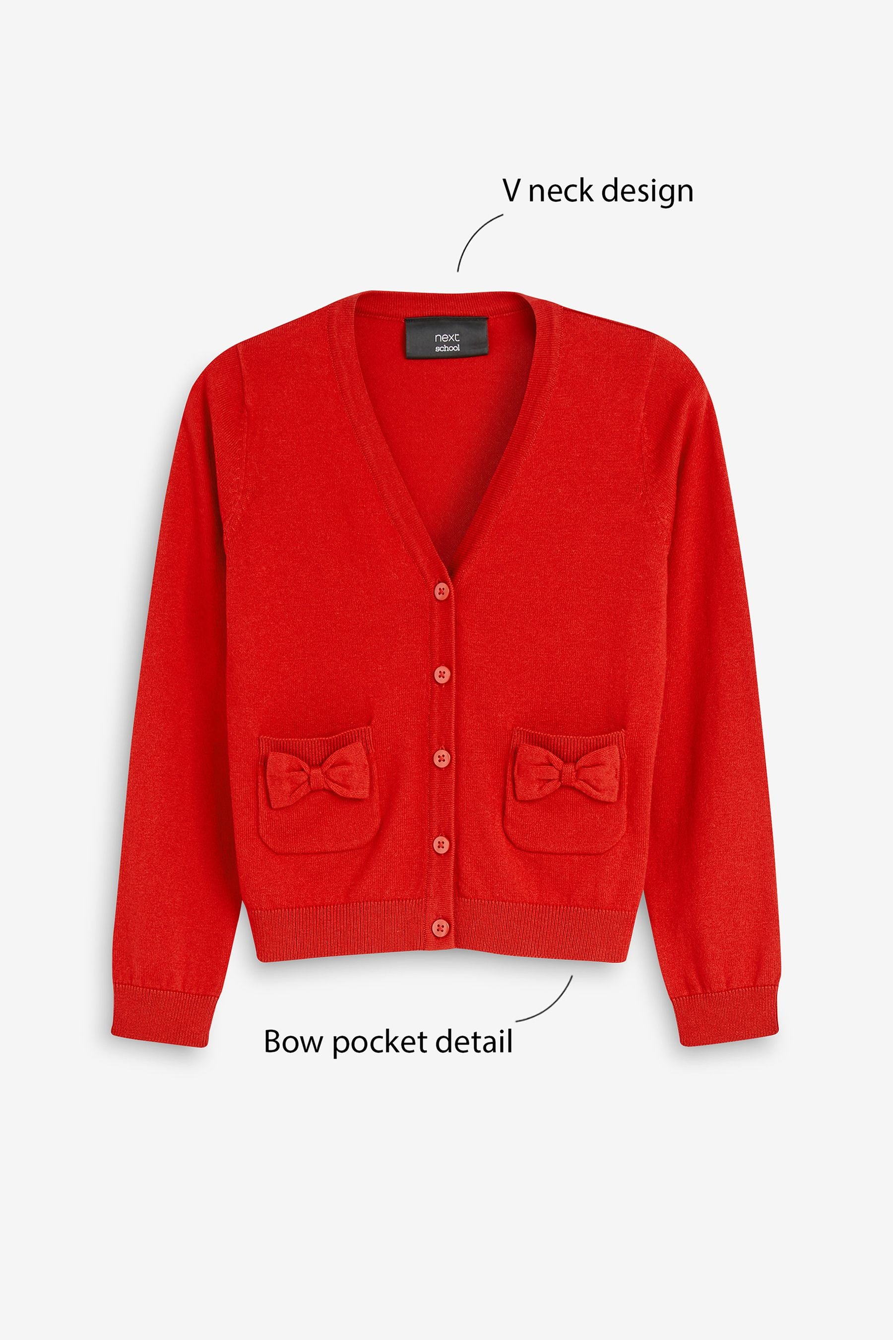 Red Cotton Rich Bow Pocket School Cardigan (3-16yrs)