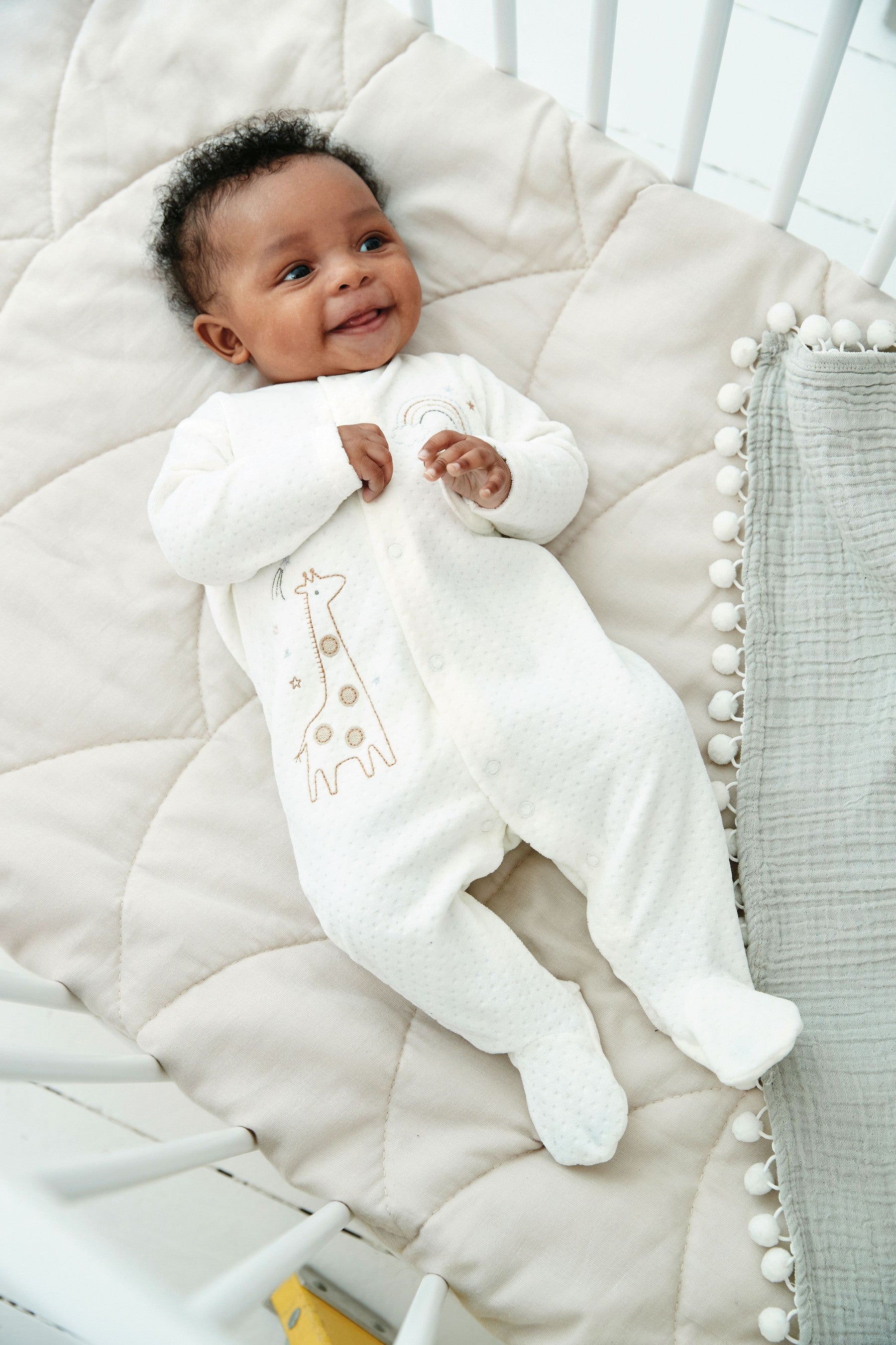 White Giraffe Embroidered Velour Baby Sleepsuit (0-12mths)