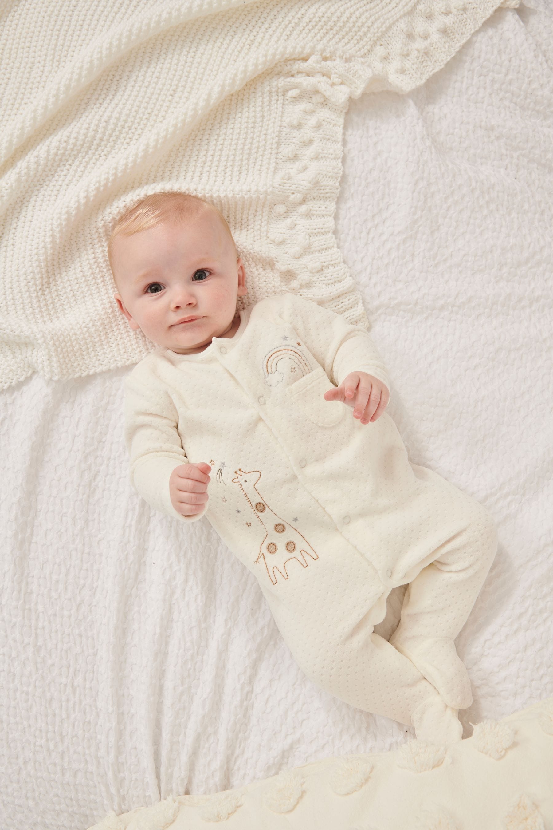 White Giraffe Embroidered Velour Baby Sleepsuit (0-12mths)