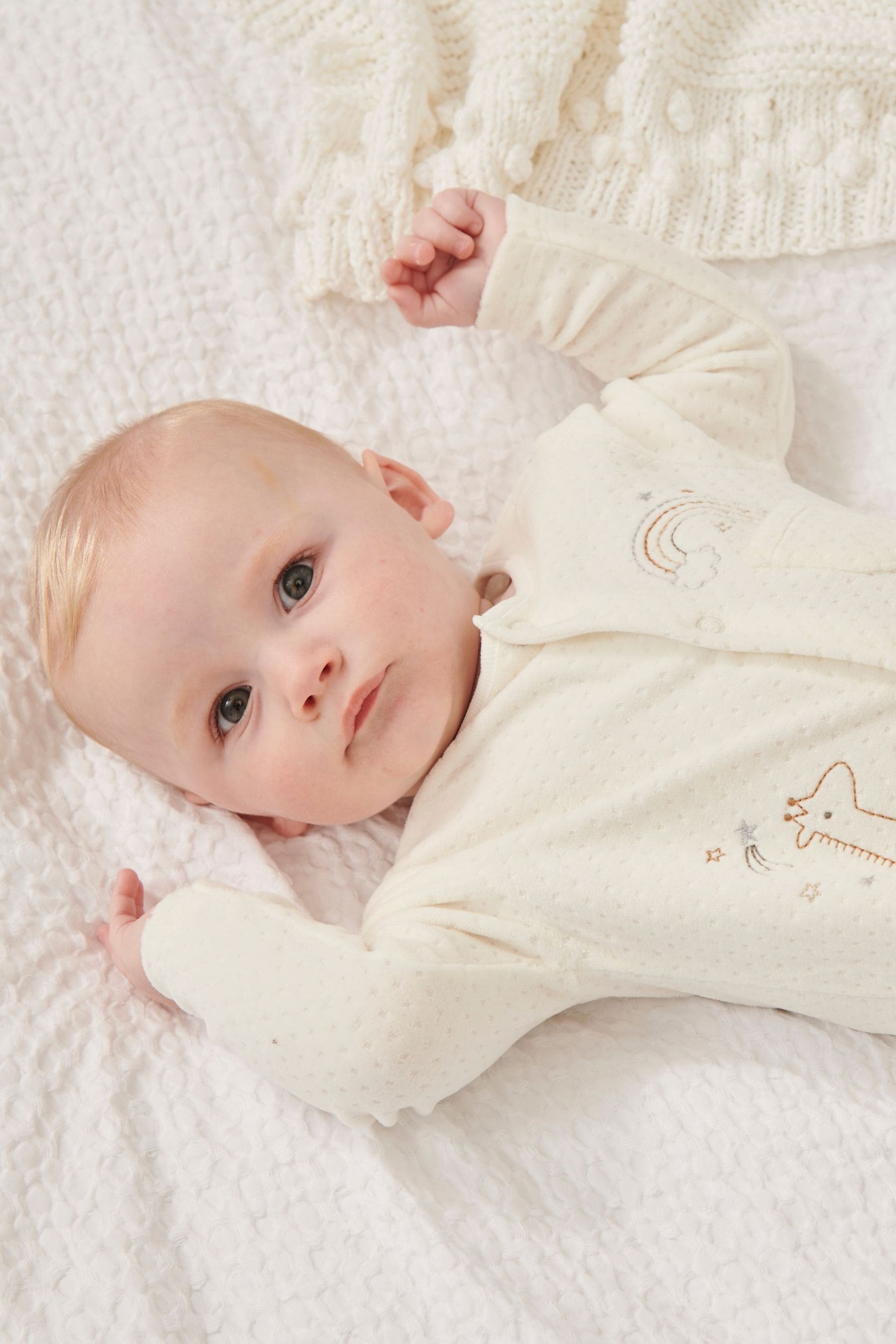 White Giraffe Embroidered Velour Baby Sleepsuit (0-12mths)