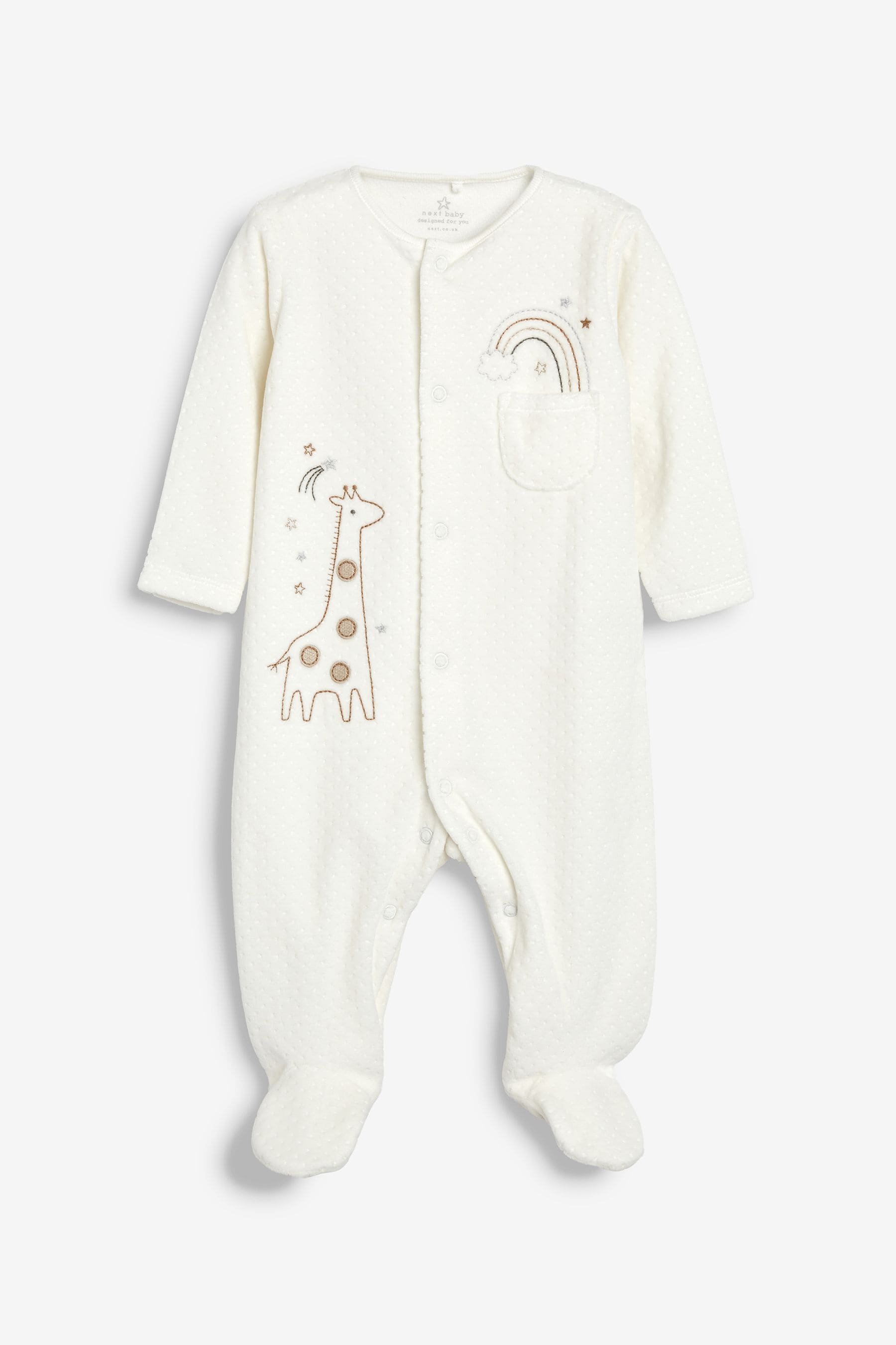 White Giraffe Embroidered Velour Baby Sleepsuit (0-12mths)