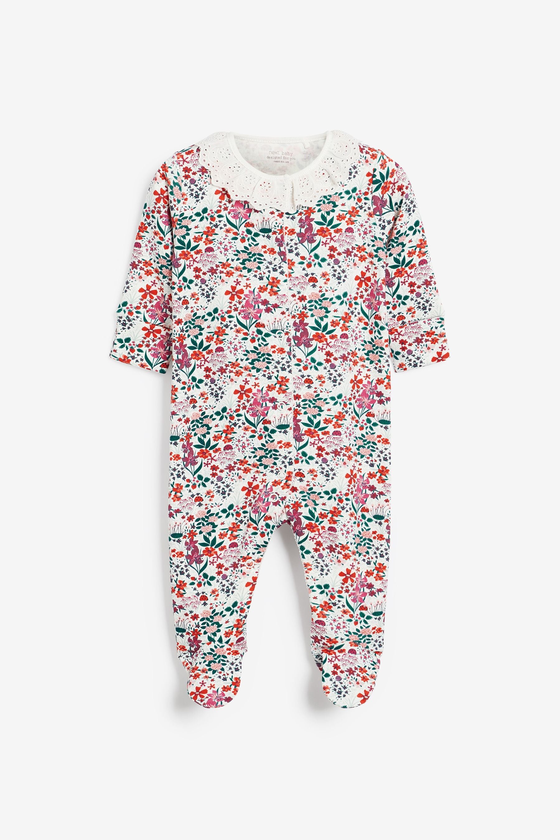 Pink Floral 3 Pack Embroidered Detail Baby Sleepsuits (0-3yrs)