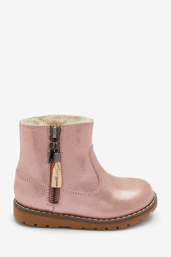 Rose Gold Pink Warm Lined Tassel Detail Zip Boots