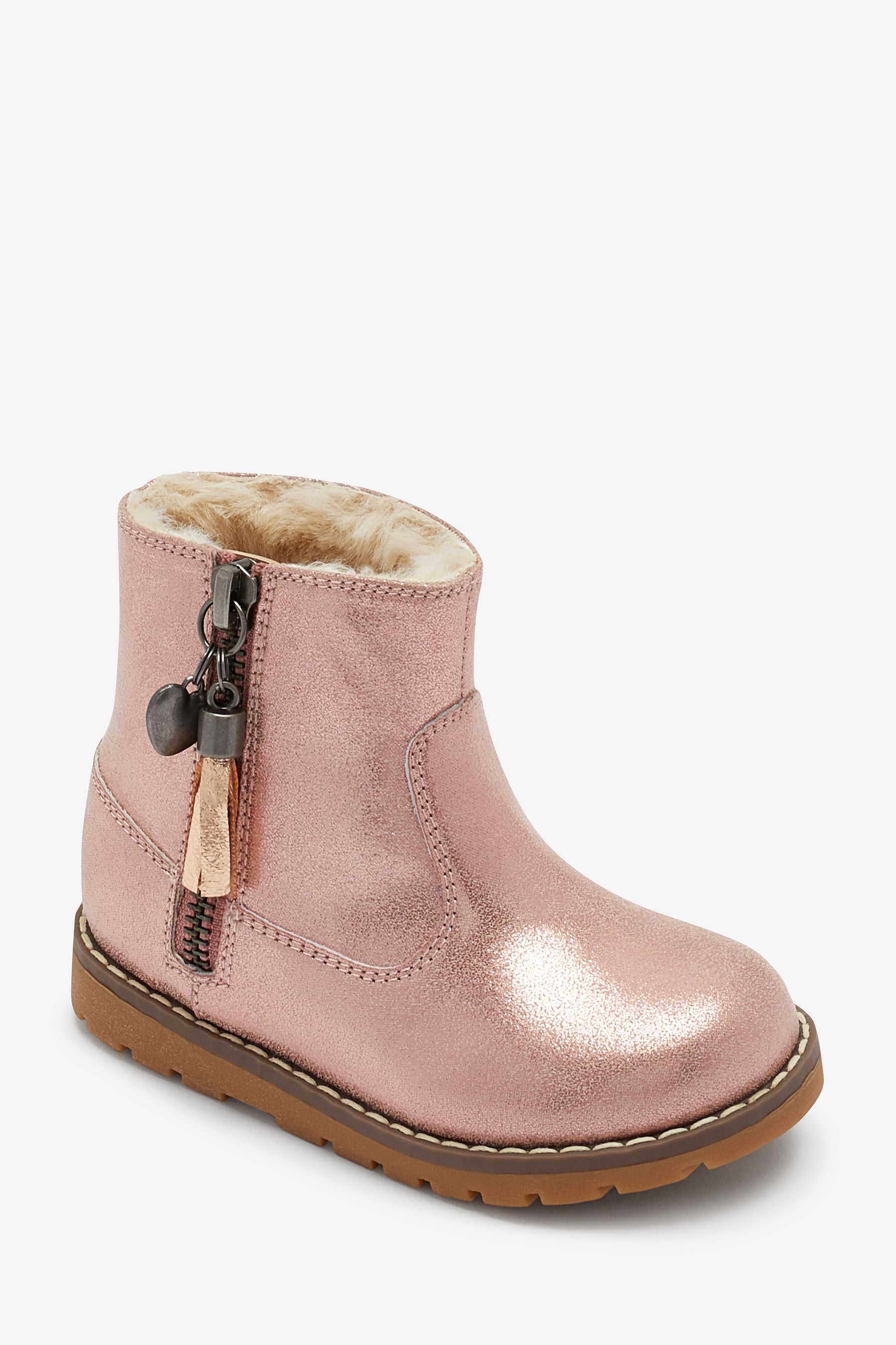 Rose Gold Pink Warm Lined Tassel Detail Zip Boots