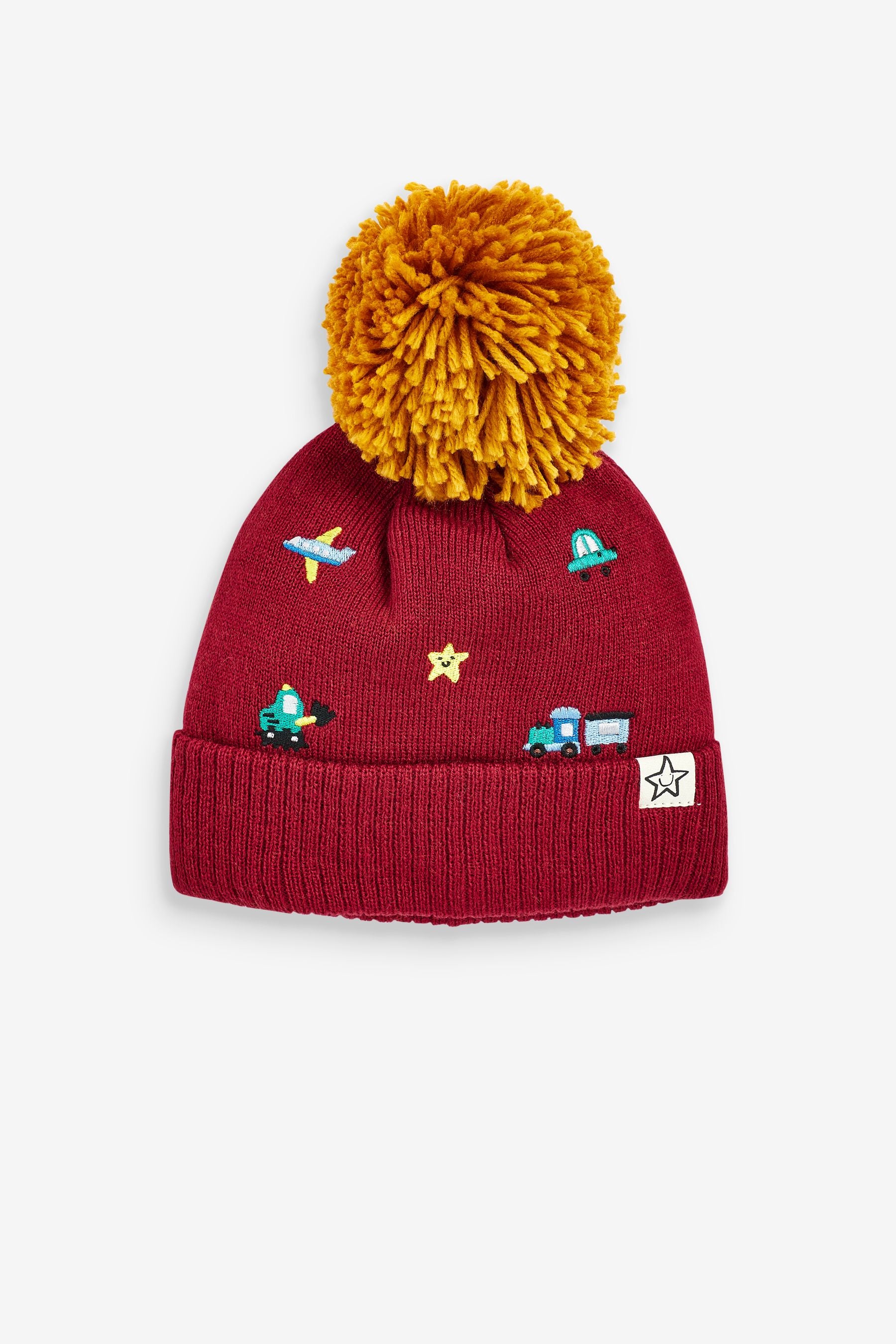 Red Vehicle Embroidered Pom Pom Hat (3mths-10yrs)