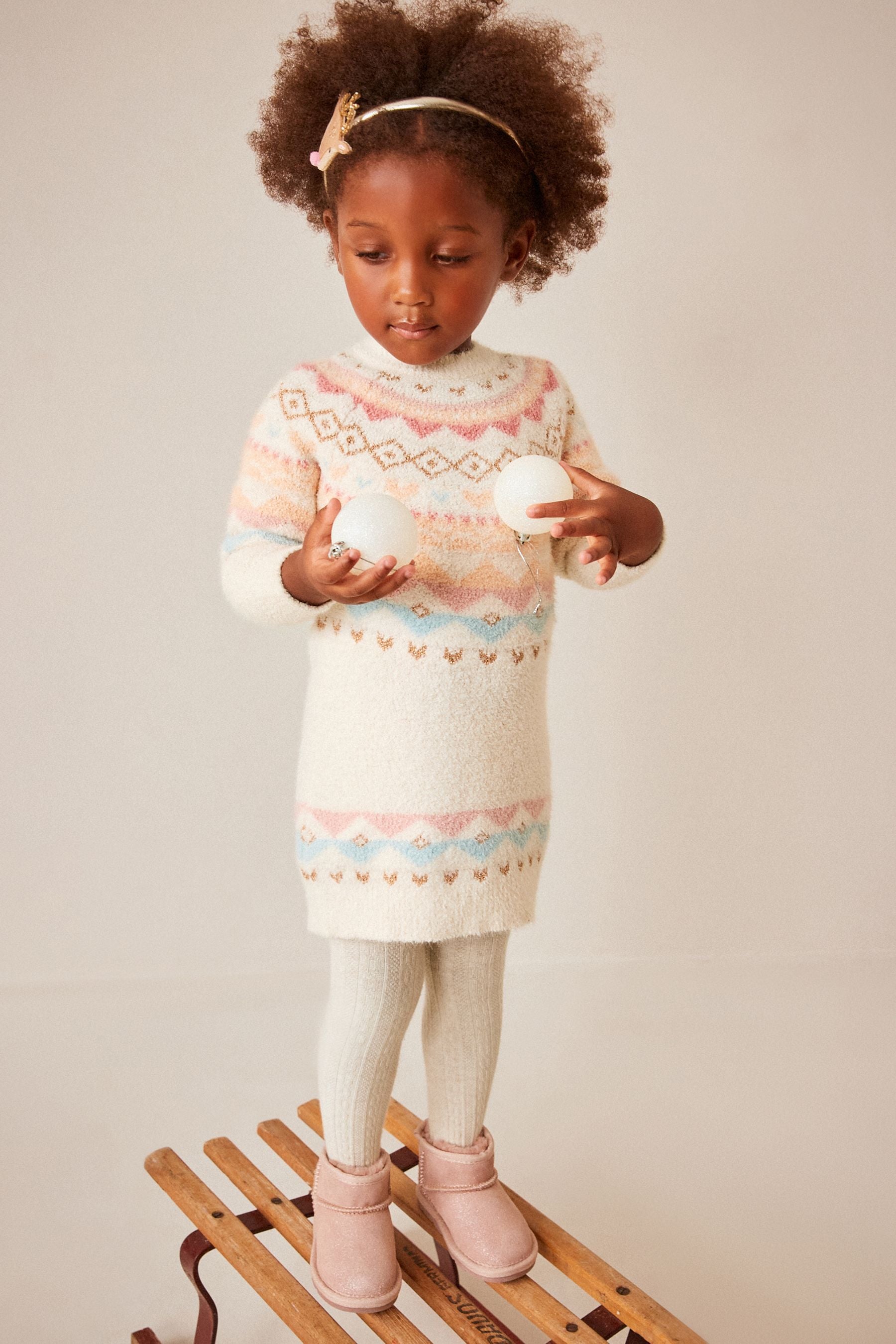 Ecru Marl Fairisle Pattern Jumper Dress (3mths-7yrs)