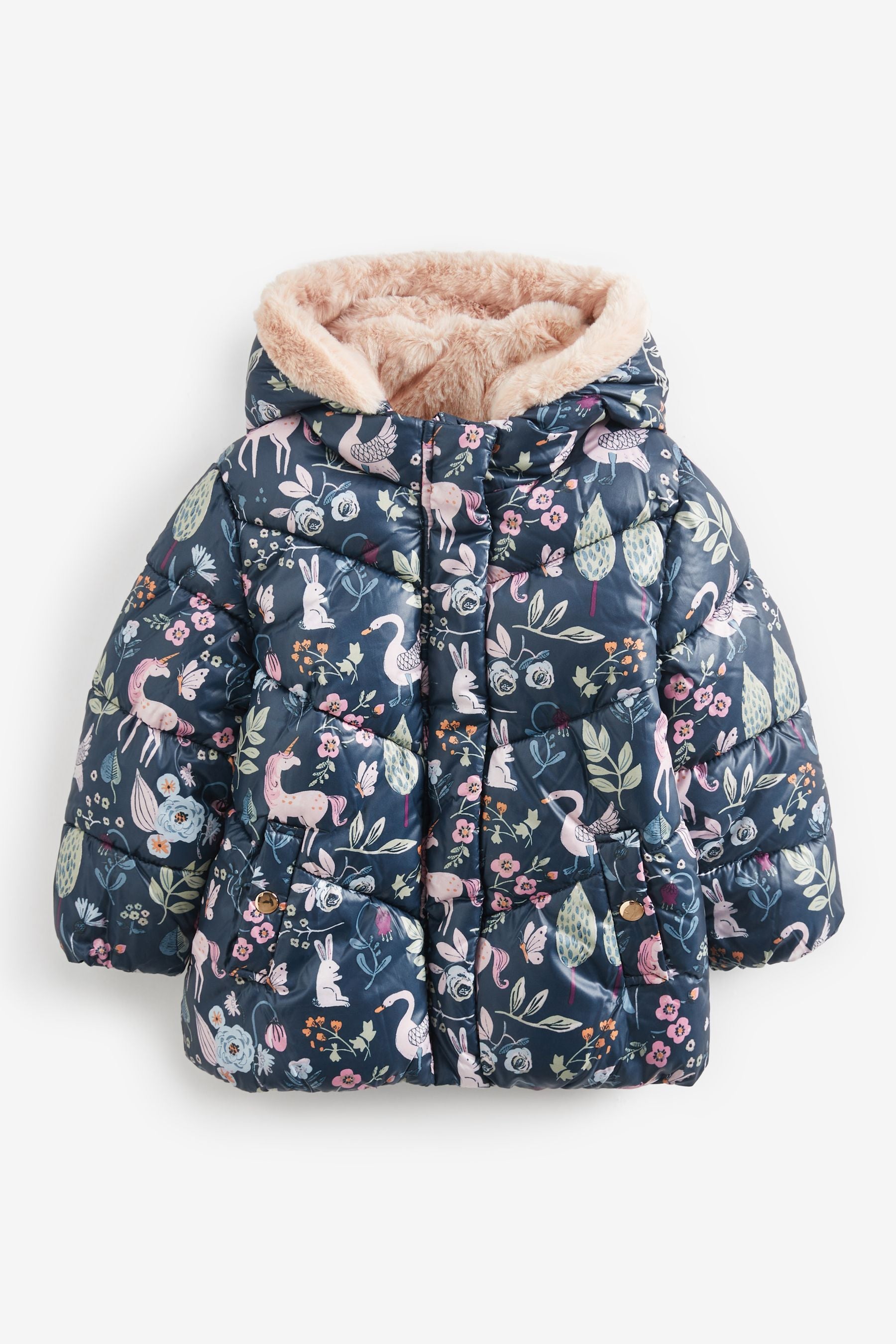 Print Printed Faux Fur Hood Padded Coat (3mths-7yrs)