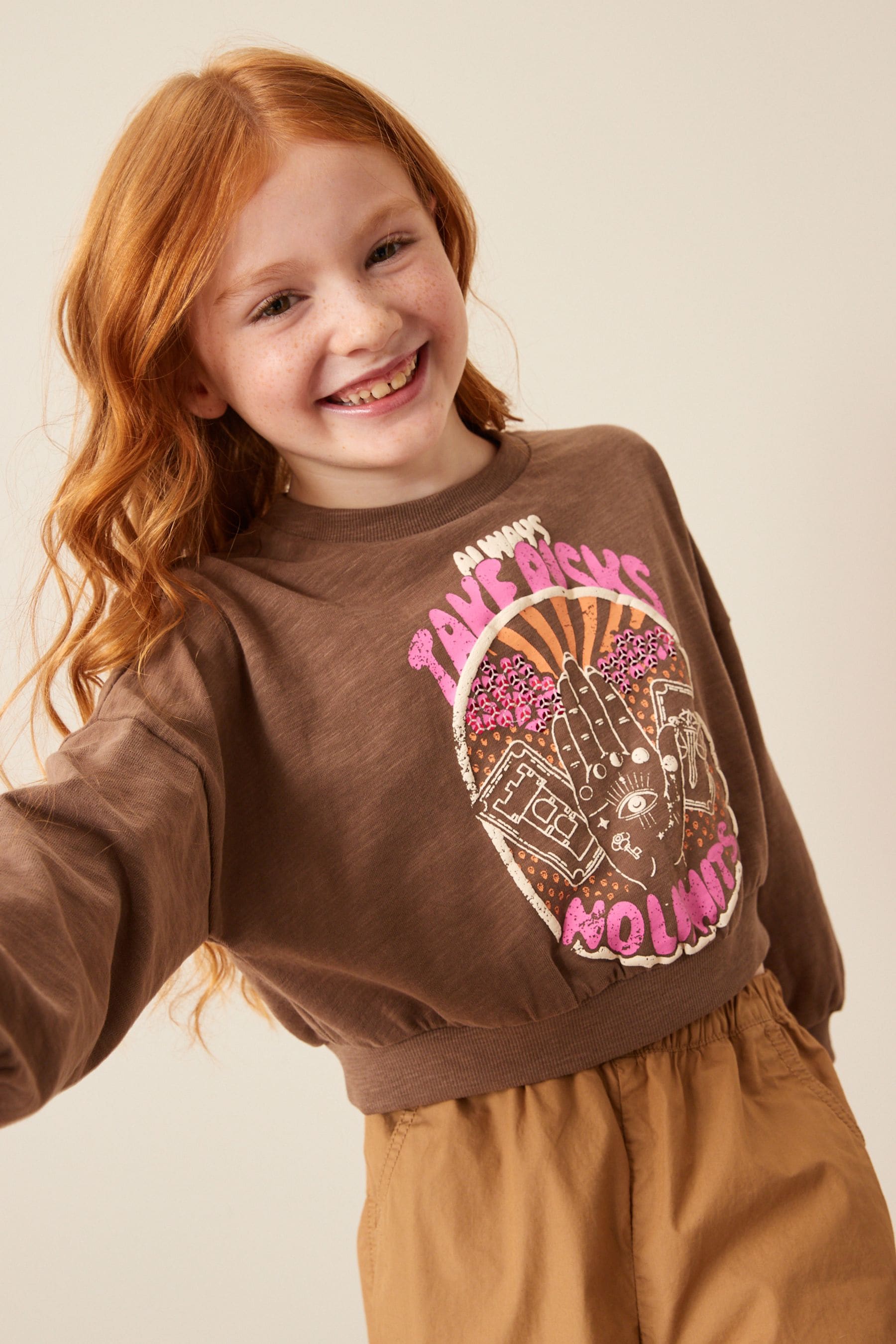 Brown Celestial Long Sleeve Cuffed Graphic T-Shirt (3-16yrs)