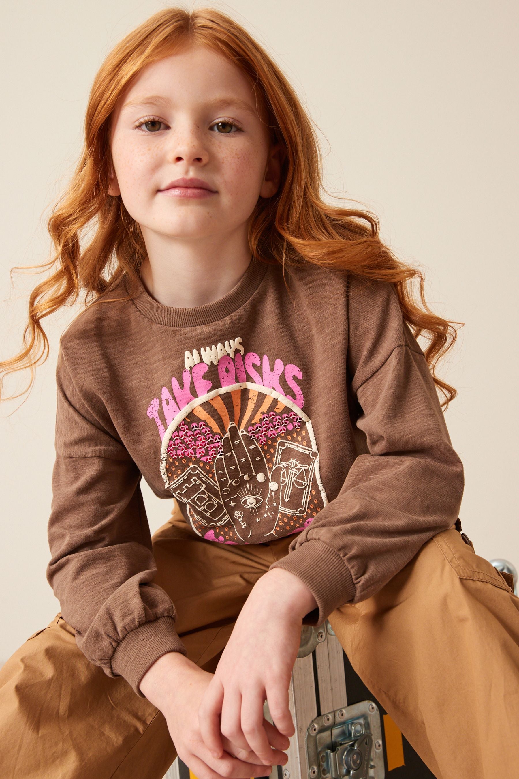 Brown Celestial Long Sleeve Cuffed Graphic T-Shirt (3-16yrs)