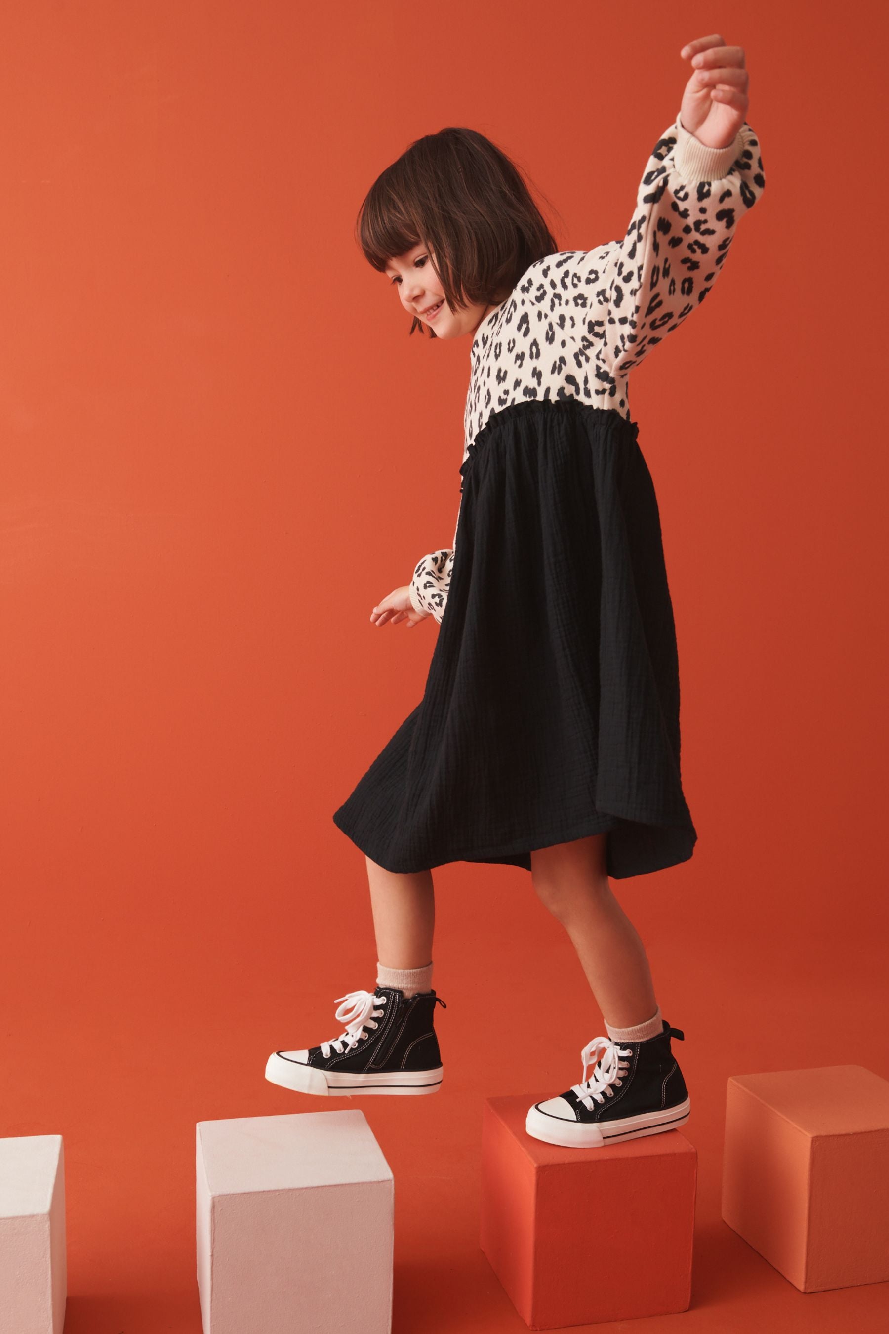 Neutral Animal/ Charcoal Grey Sweat Dress With Crinkle Skirt (3-16yrs)