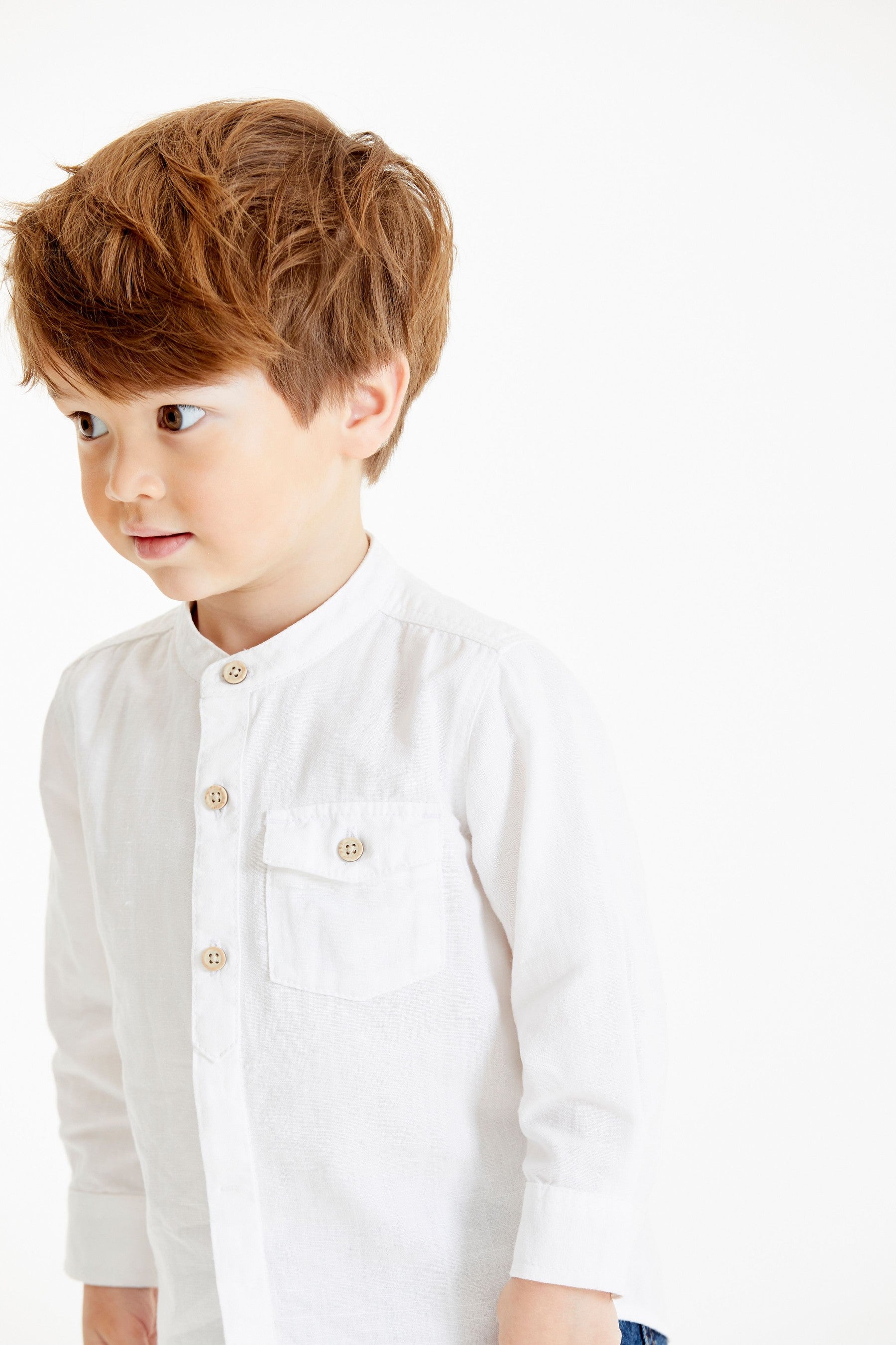 White Long Sleeve Linen Mix Grandad Shirt (3mths-7yrs)