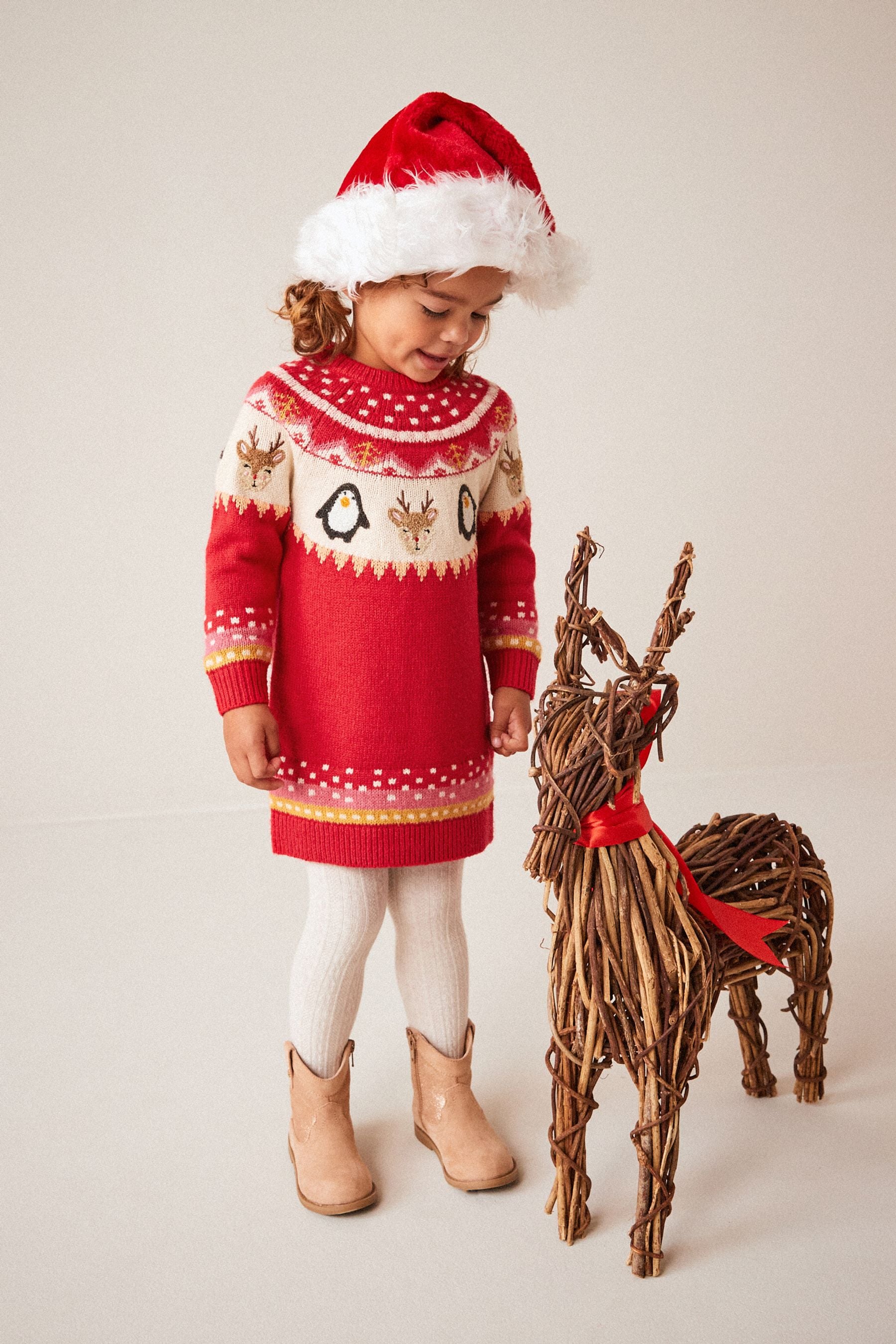 Red Reindeer Knitted Jumper Dress (3mths-7yrs)