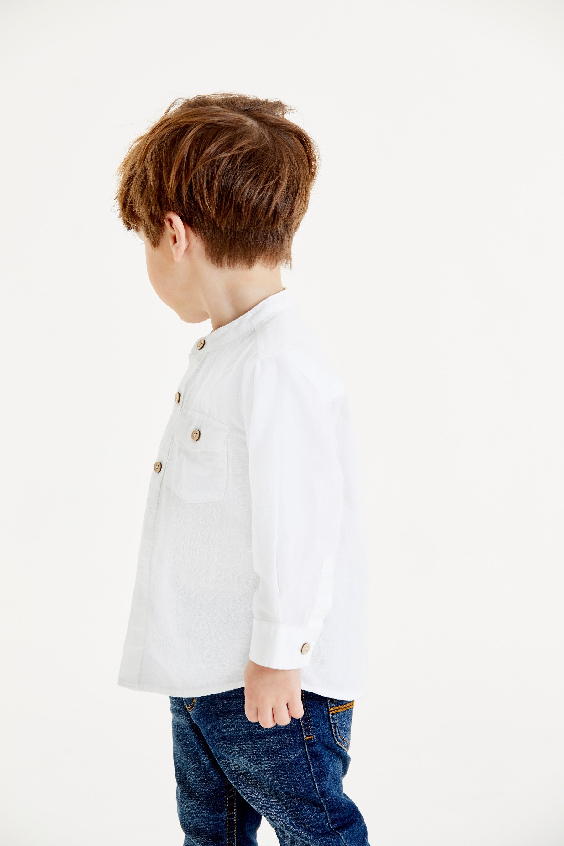 White Long Sleeve Linen Mix Grandad Shirt (3mths-7yrs)