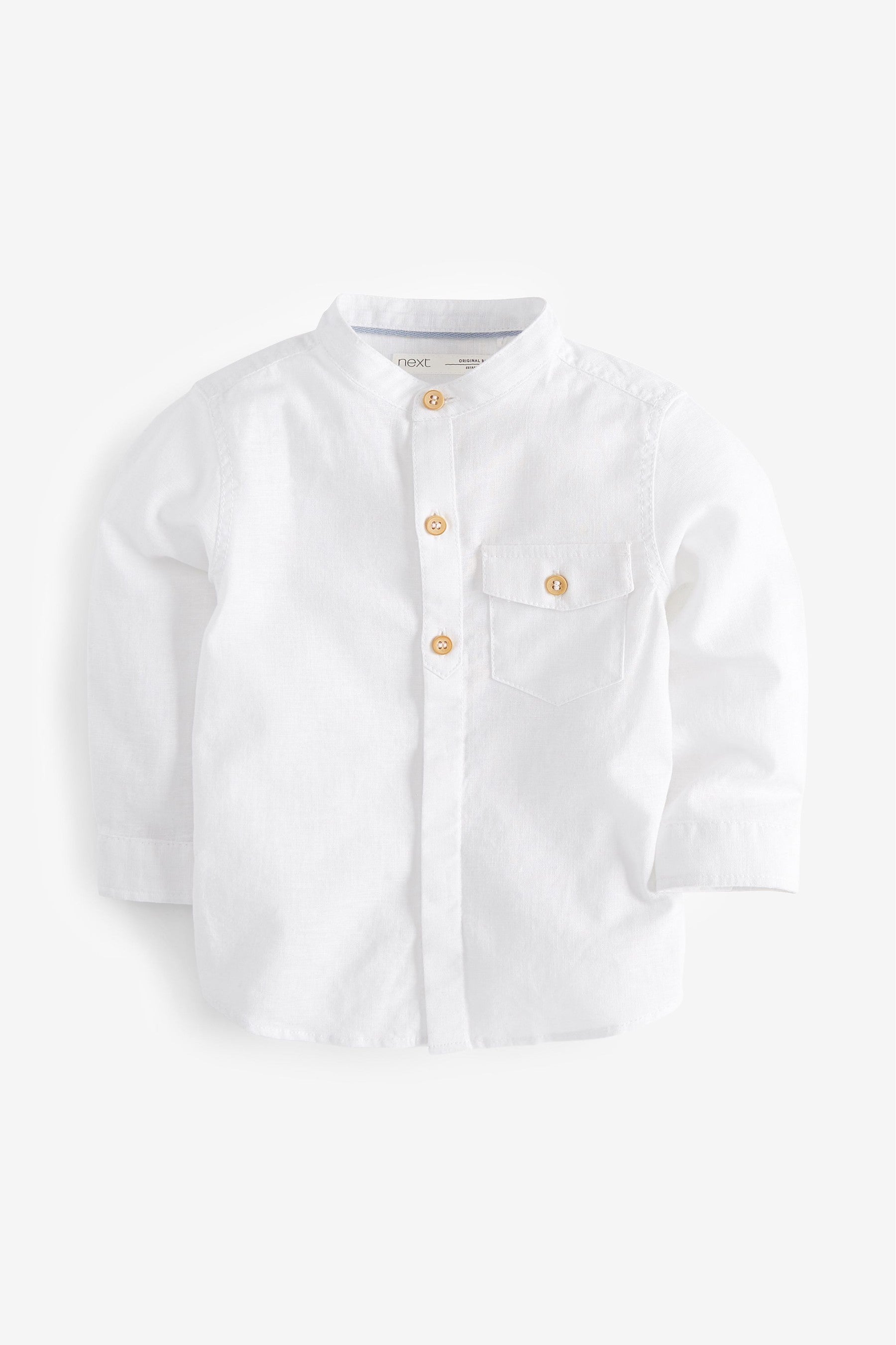 White Long Sleeve Linen Mix Grandad Shirt (3mths-7yrs)