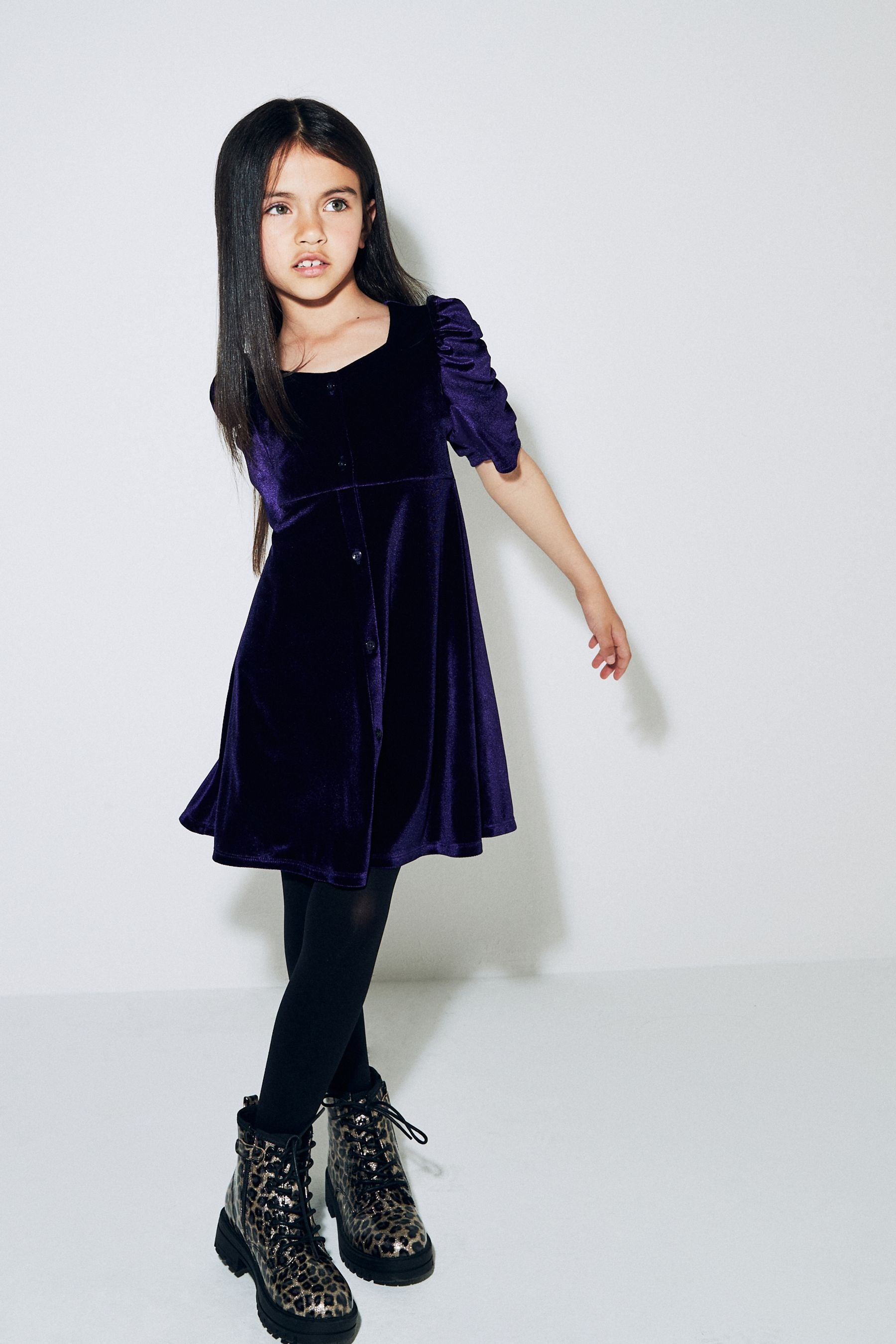 Purple Velvet Shirred Sleeve Dress (3-16yrs)