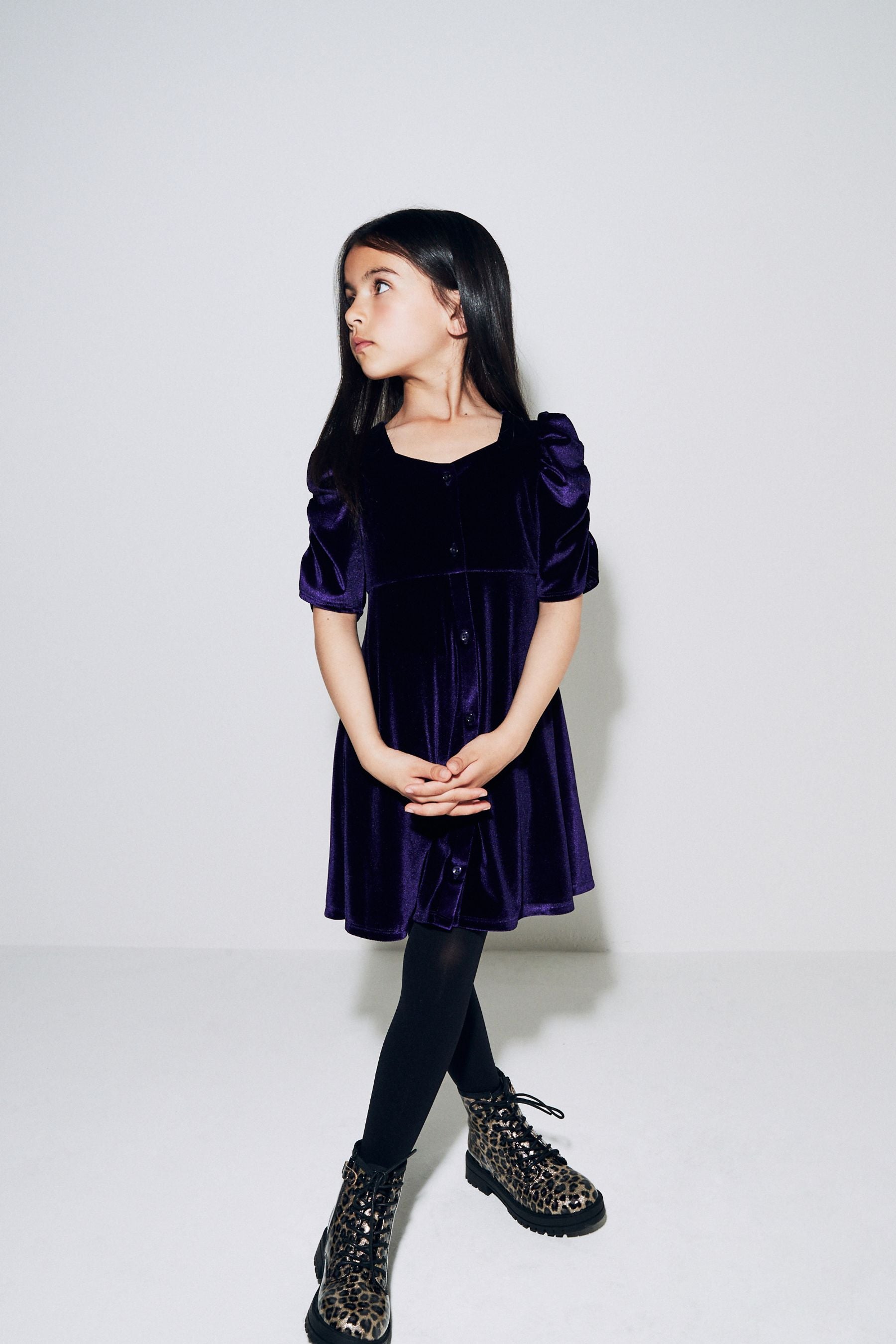 Purple Velvet Shirred Sleeve Dress (3-16yrs)