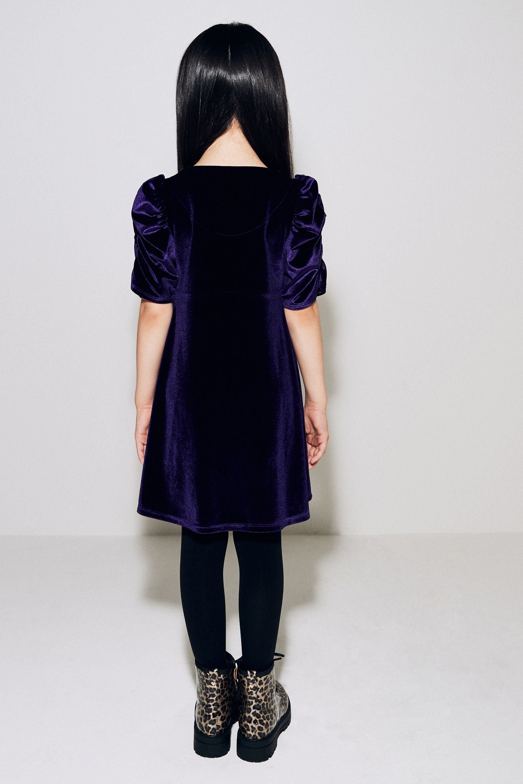 Purple Velvet Shirred Sleeve Dress (3-16yrs)