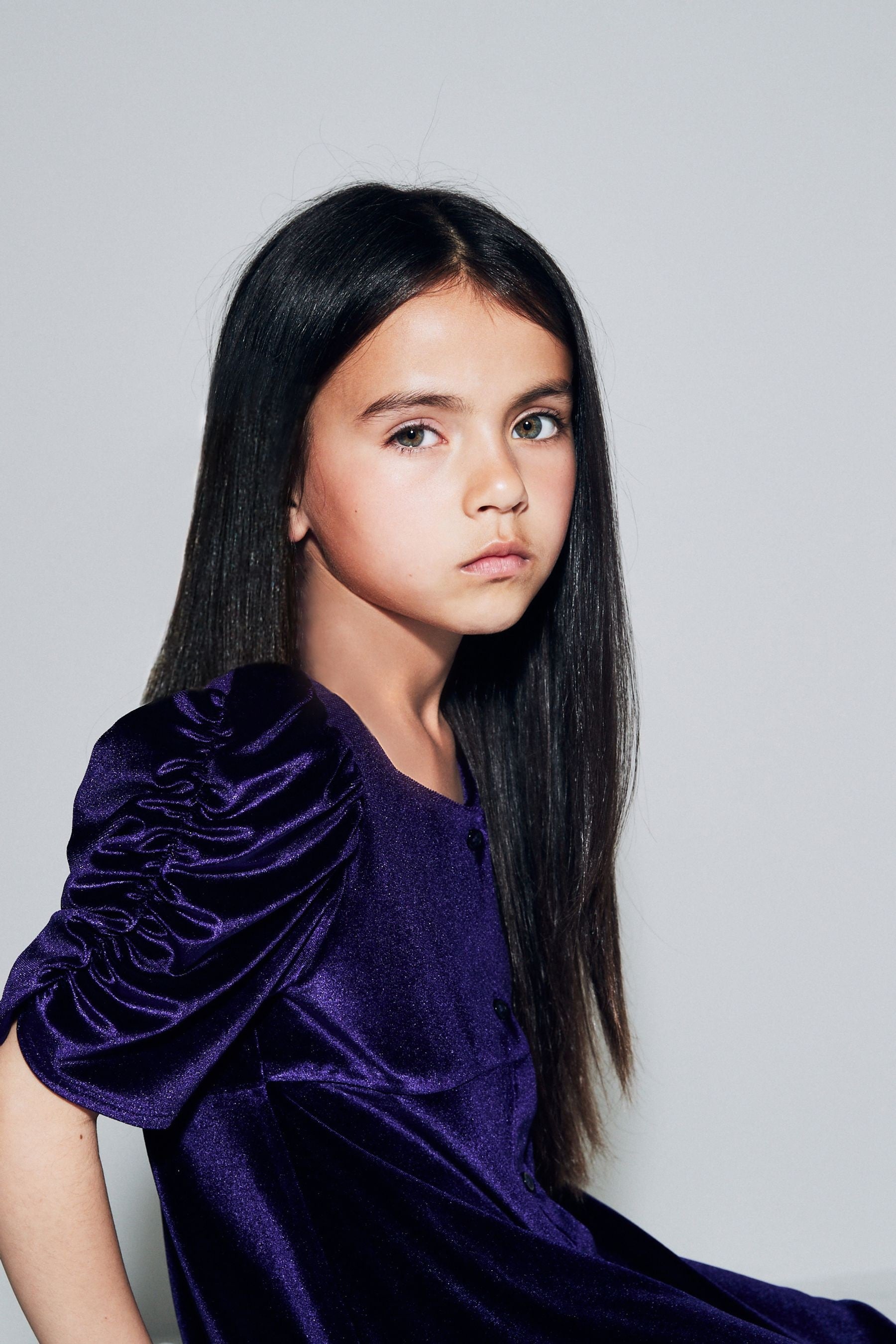 Purple Velvet Shirred Sleeve Dress (3-16yrs)