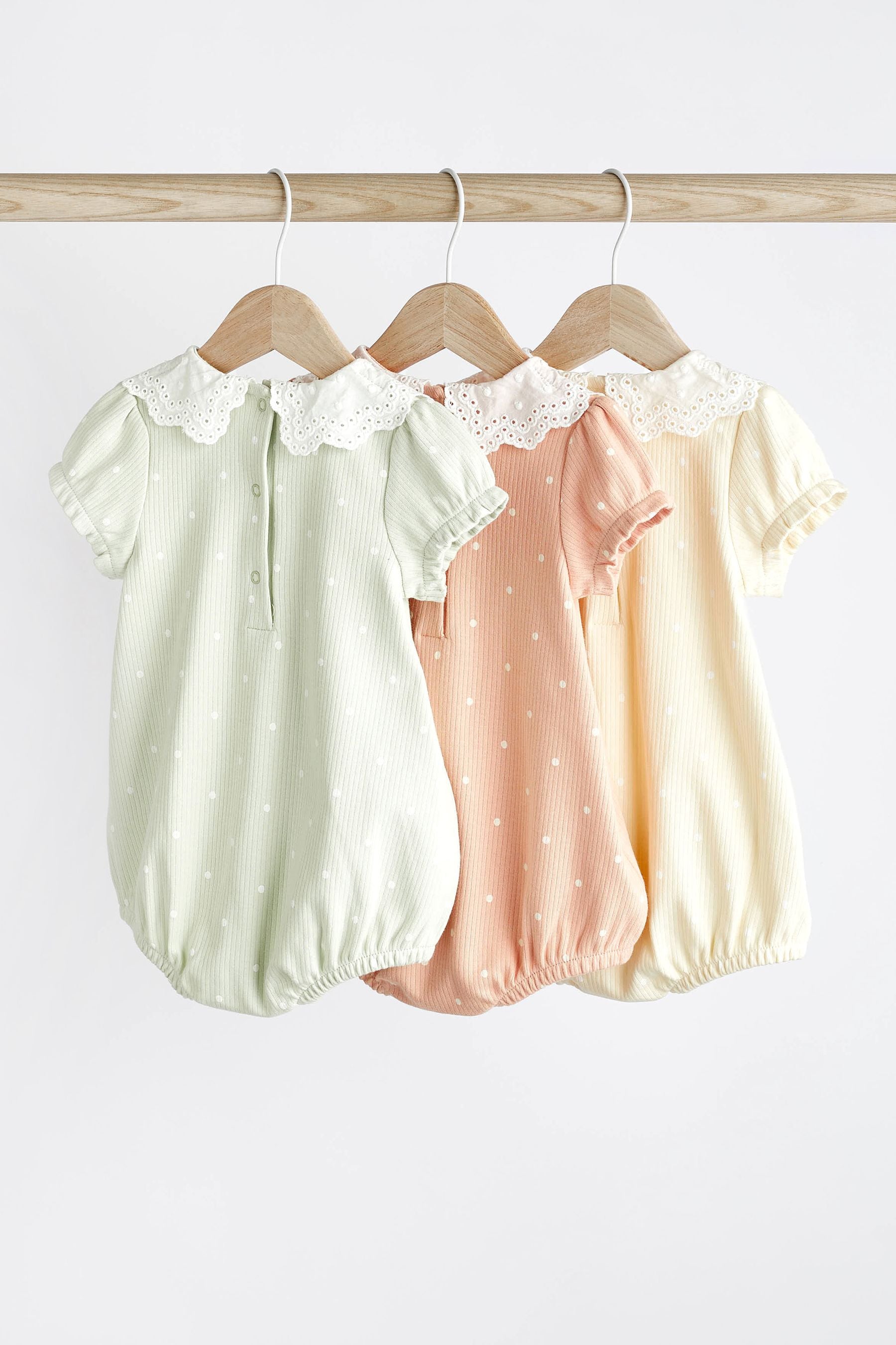 Green/ Lemon / Apricot Lace Collar Baby Bloomer Rompers 3 Pack