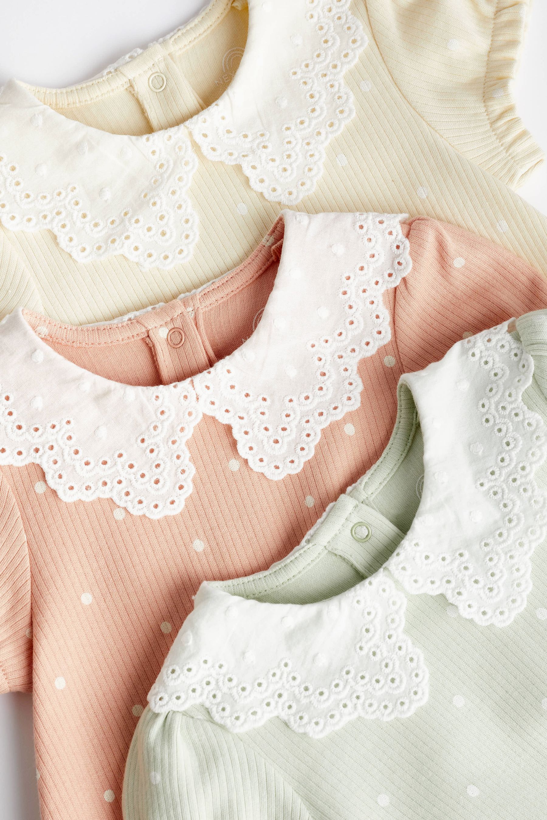 Green/ Lemon / Apricot Lace Collar Baby Bloomer Rompers 3 Pack