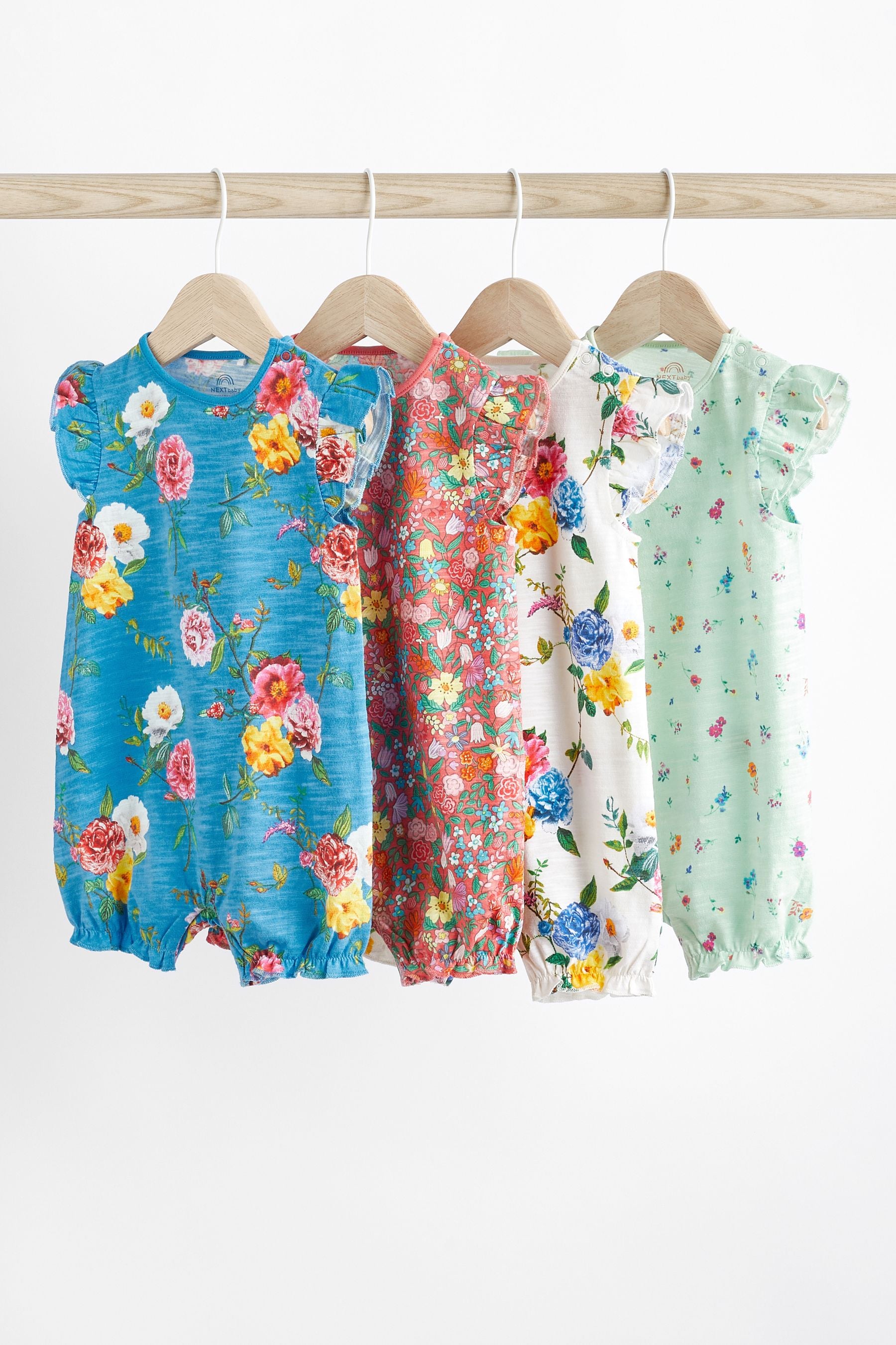 Green/Blue/Red Floral Baby Rompers 4 Pack