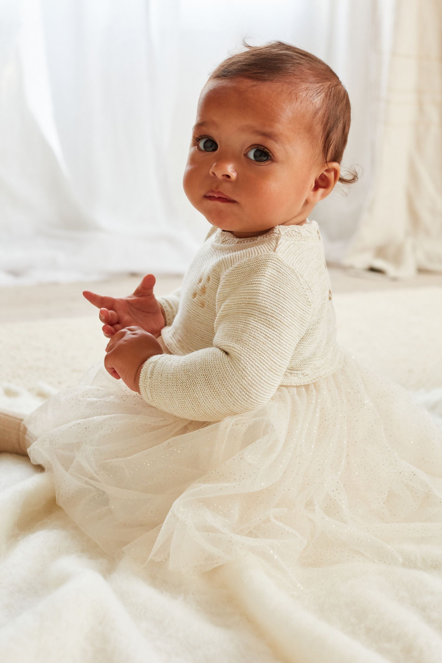 Cream/Gold Sparkle Baby Knitted Mesh Tutu Dress (0mths-2yrs)