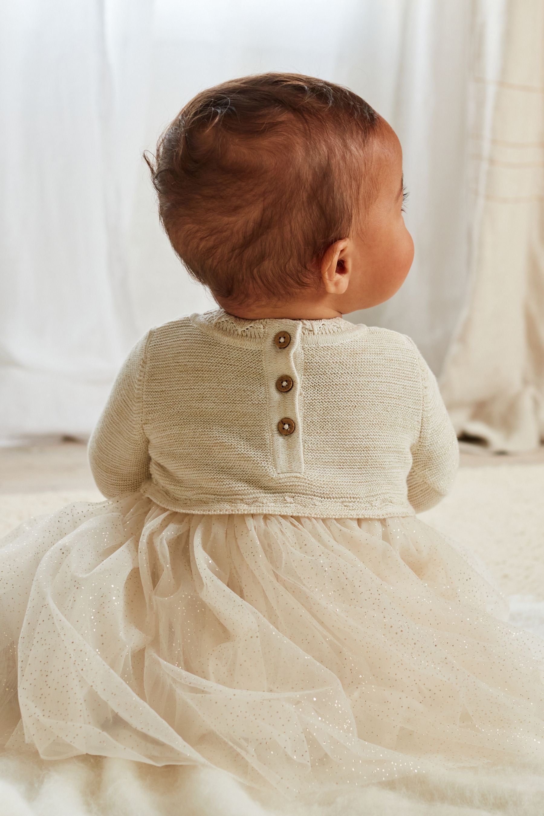 Cream/Gold Sparkle Baby Knitted Mesh Tutu Dress (0mths-2yrs)