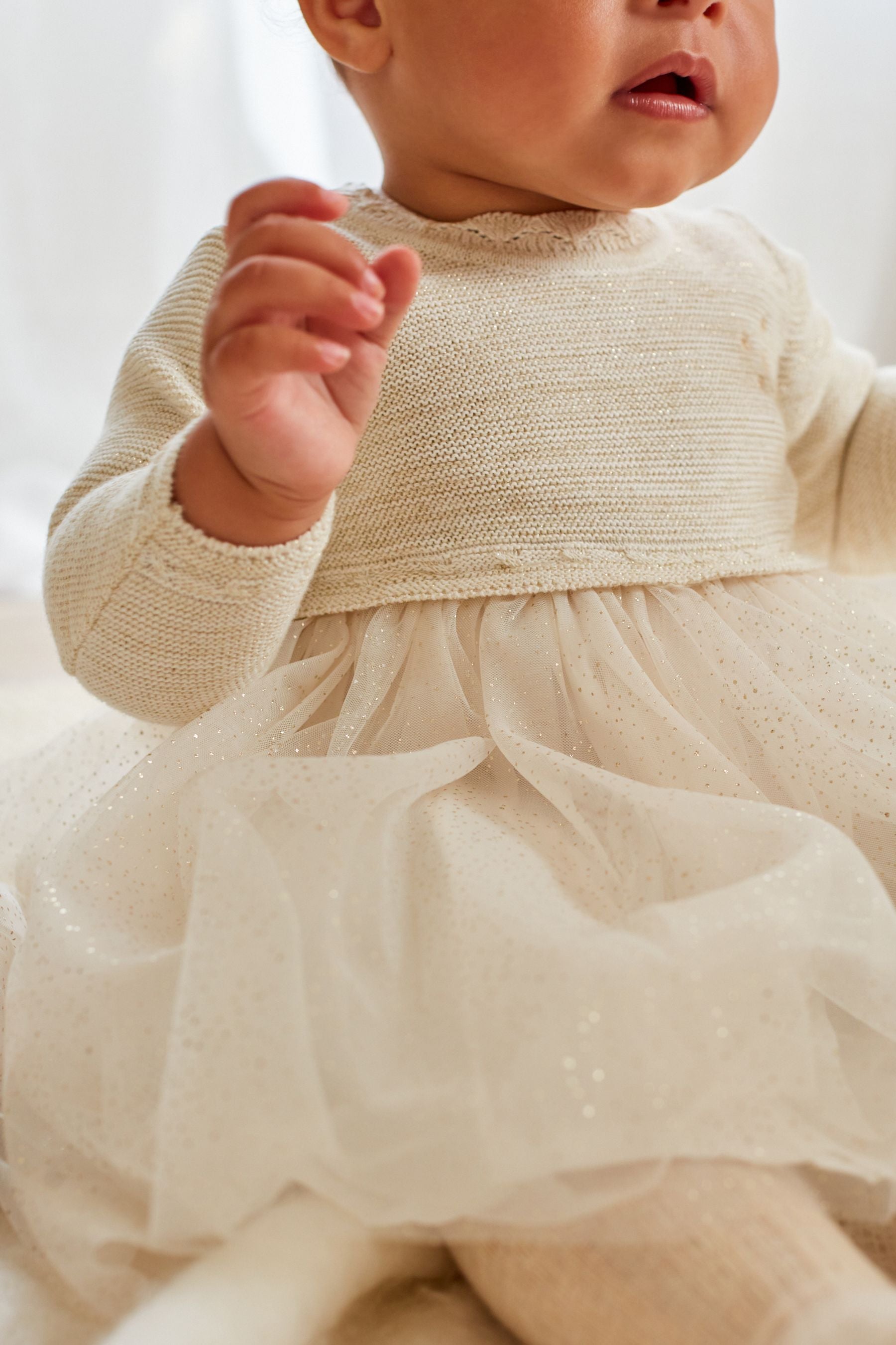 Cream/Gold Sparkle Baby Knitted Mesh Tutu Dress (0mths-2yrs)