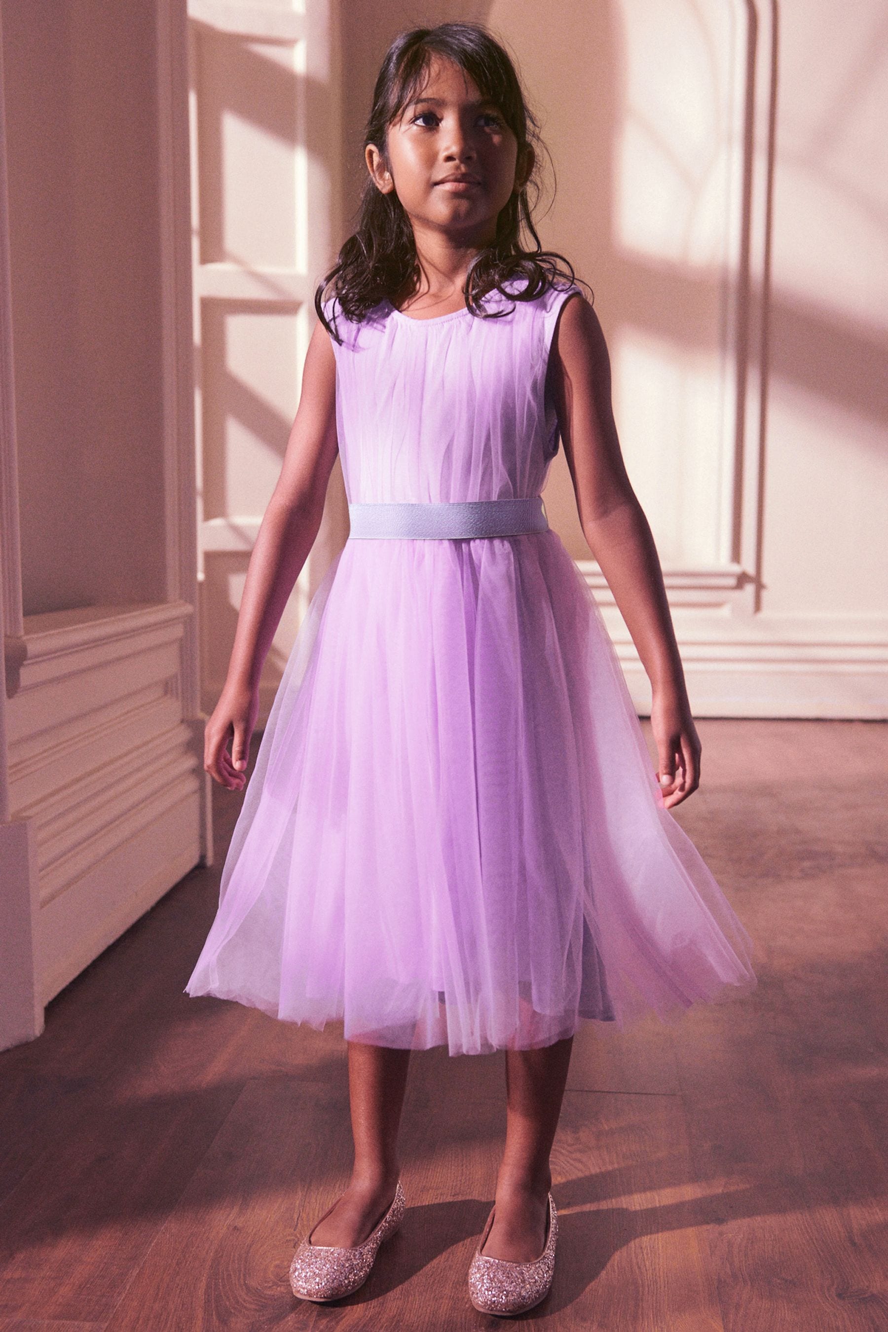 Lilac Purple Mesh Tie Back Party Dress (3-16yrs)