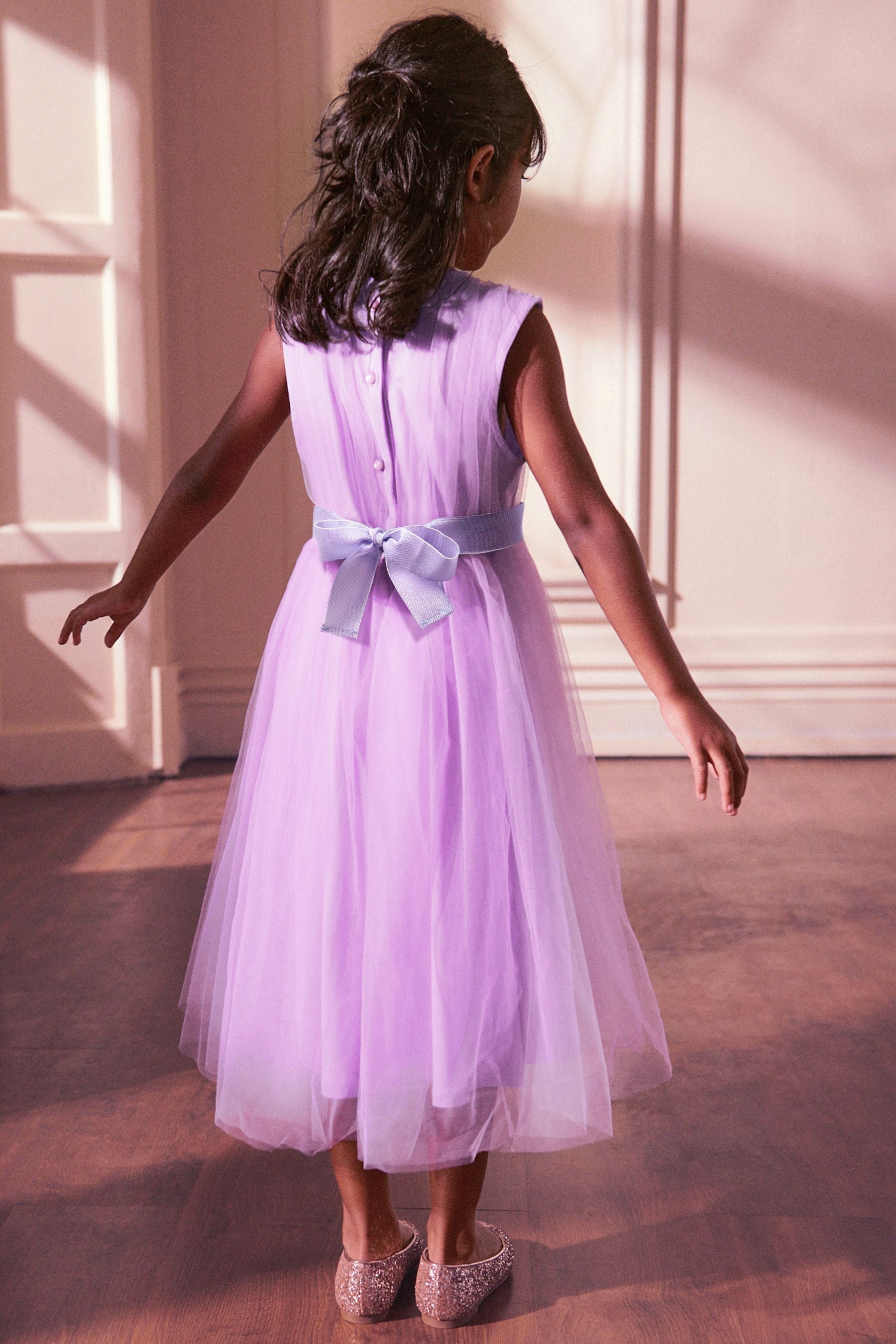 Lilac Purple Mesh Tie Back Party Dress (3-16yrs)