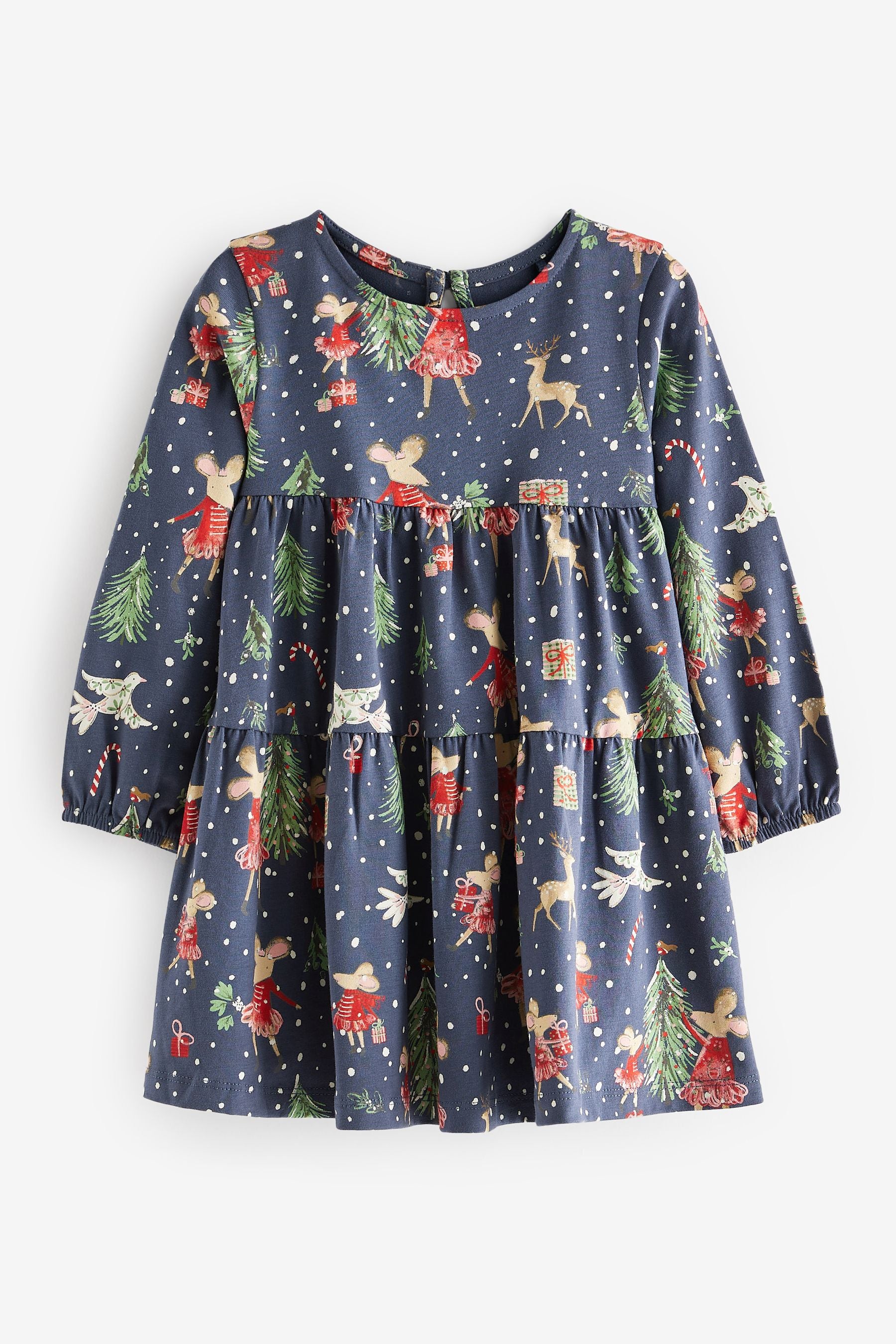 Navy Blue Christmas Long Sleeve Jersey Dress (3mths-7yrs)