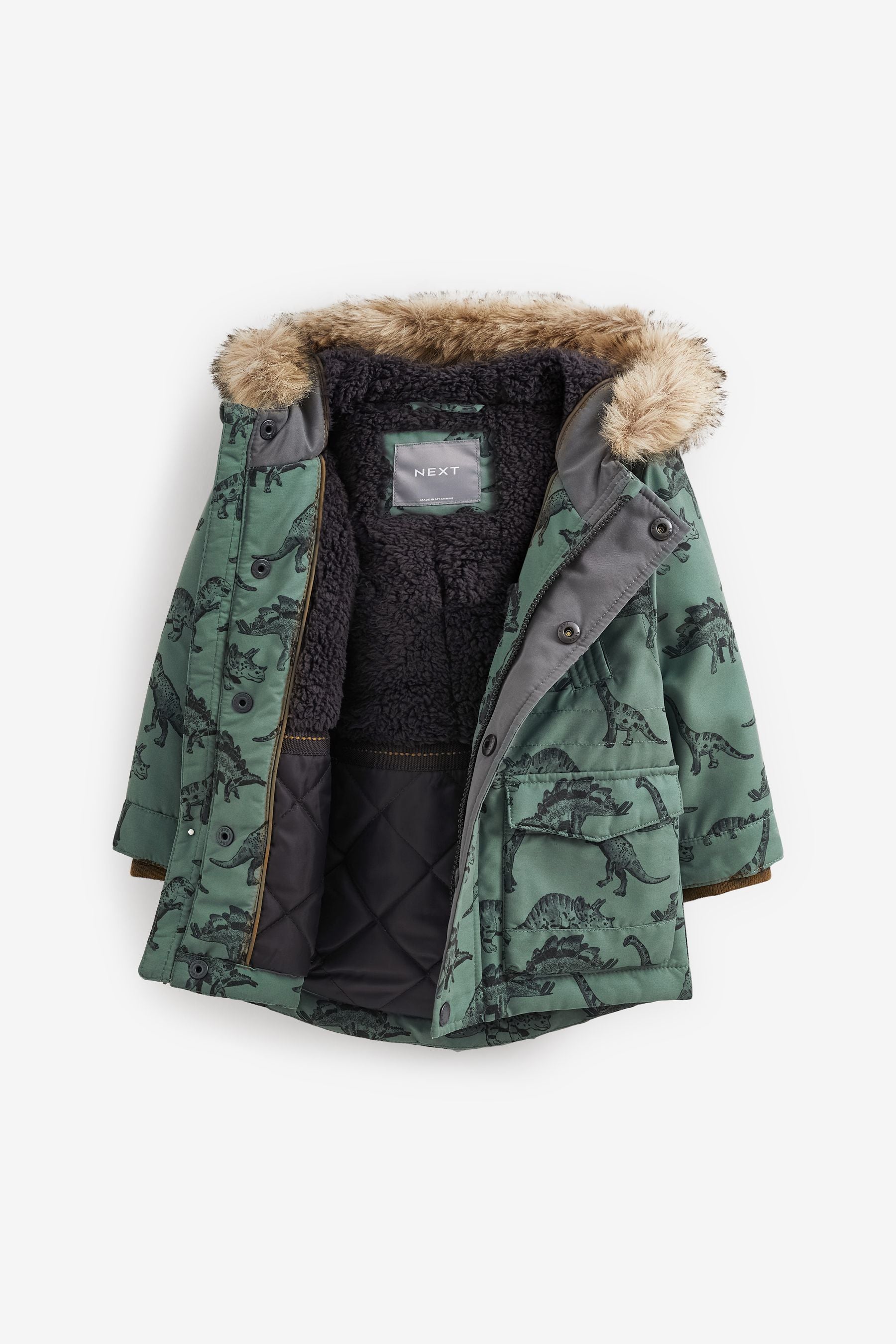 Sage Green Dinosaur Shower Resistant Faux Fur Parka Coat (3mths-7yrs)