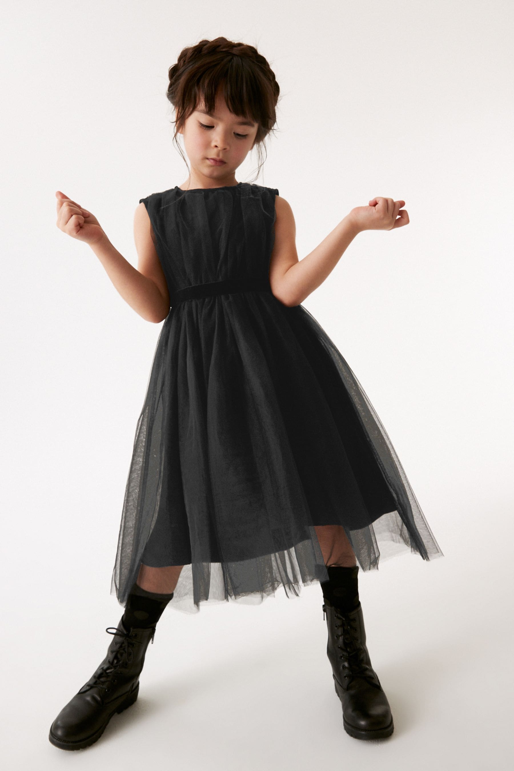 Black Mesh Tie Back Party Dress (3-16yrs)