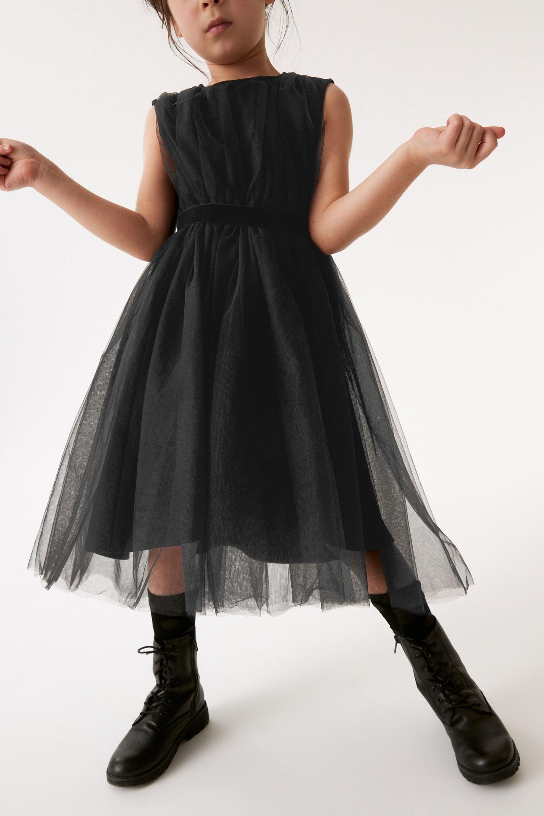 Black Mesh Tie Back Party Dress (3-16yrs)