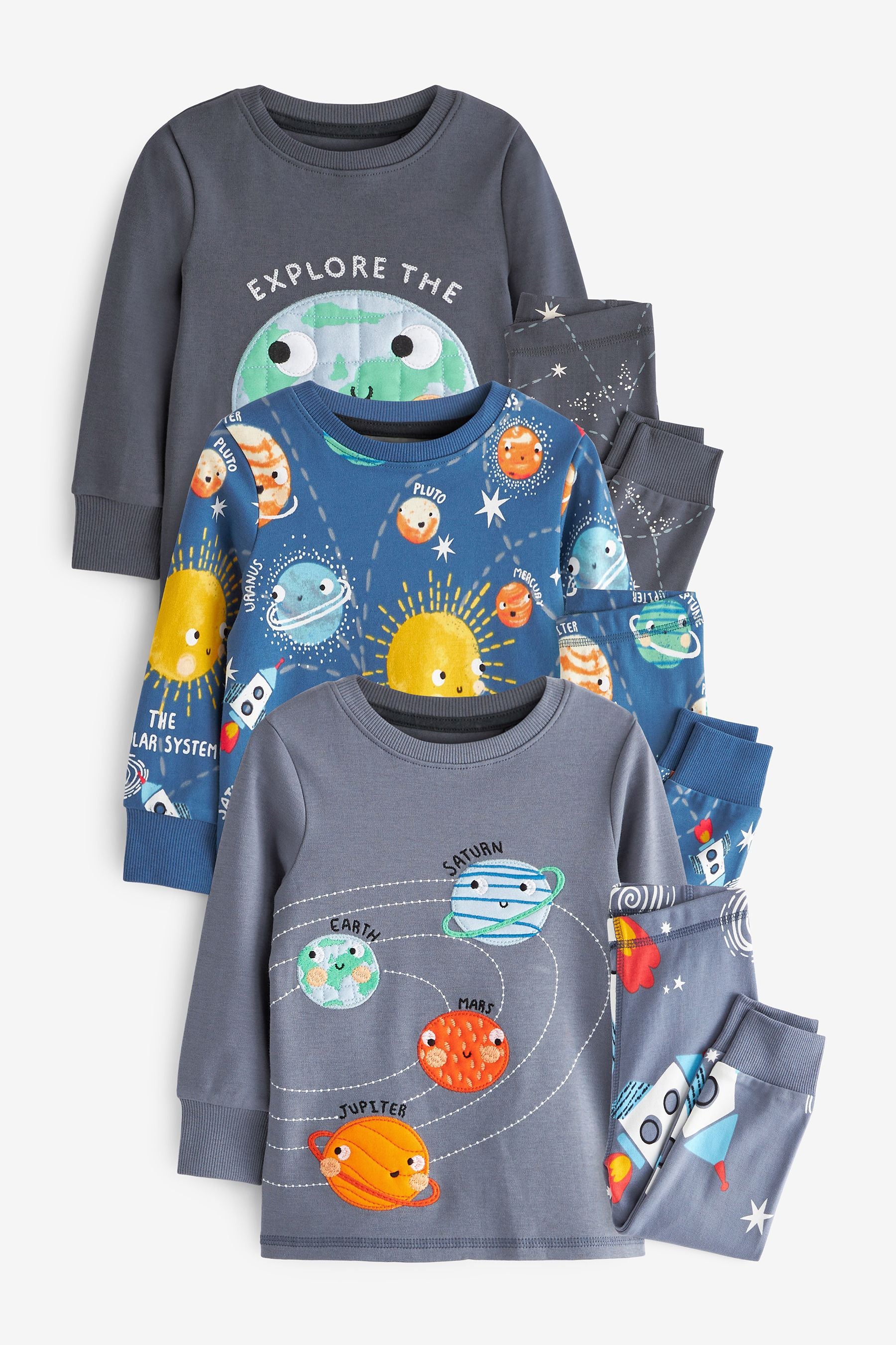 Navy/Grey Space Snuggle Pyjamas 3 Pack (9mths-8yrs)